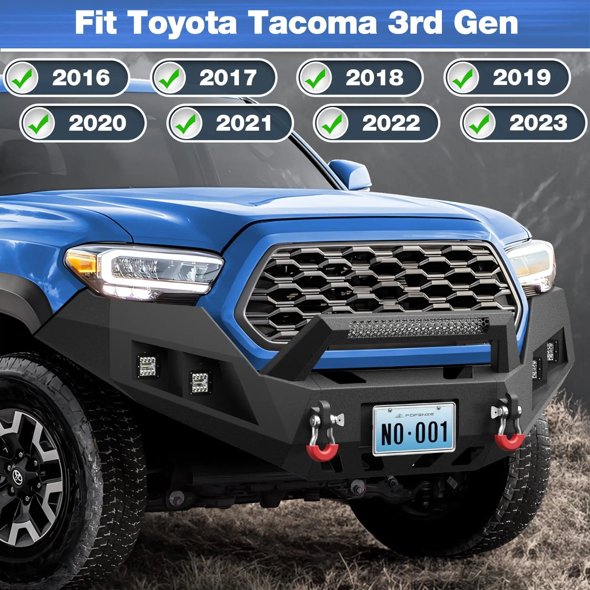 Front Bumper w/Winch Plate, 144W Light Bar, 4x18w Lights, D-rings, License Plate Bracket for Toyota Tacoma 3rd Gen 2016-2023 POFENZE