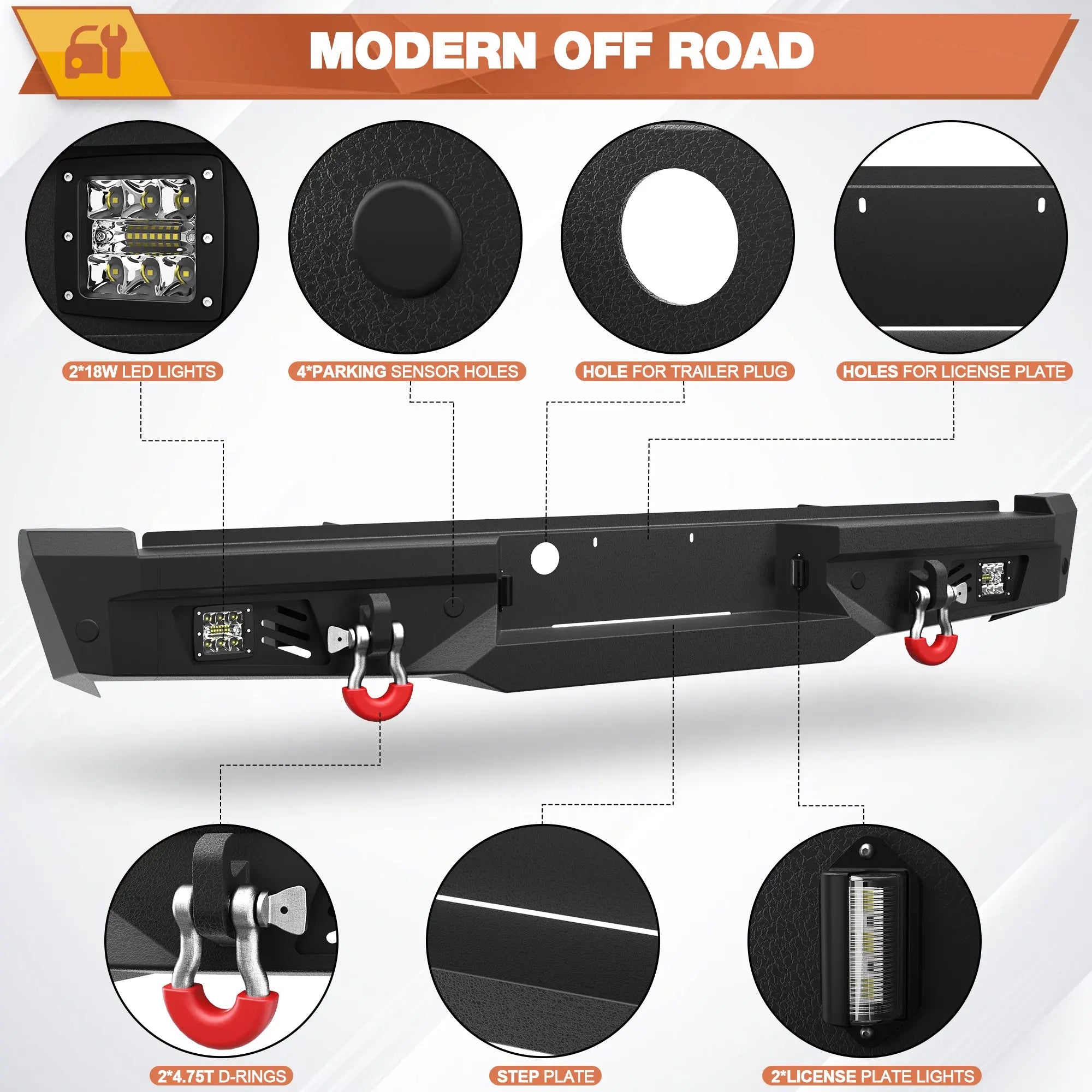 Front Rear Bumper Set, Full Width Offroad Bumper w/Winch Plate, 144W Light Bar, 6x18w Fog Lights, D-rings, License Plate Bracket for 2005-2007 Ford F250/F350/F450 Truck POFENZE