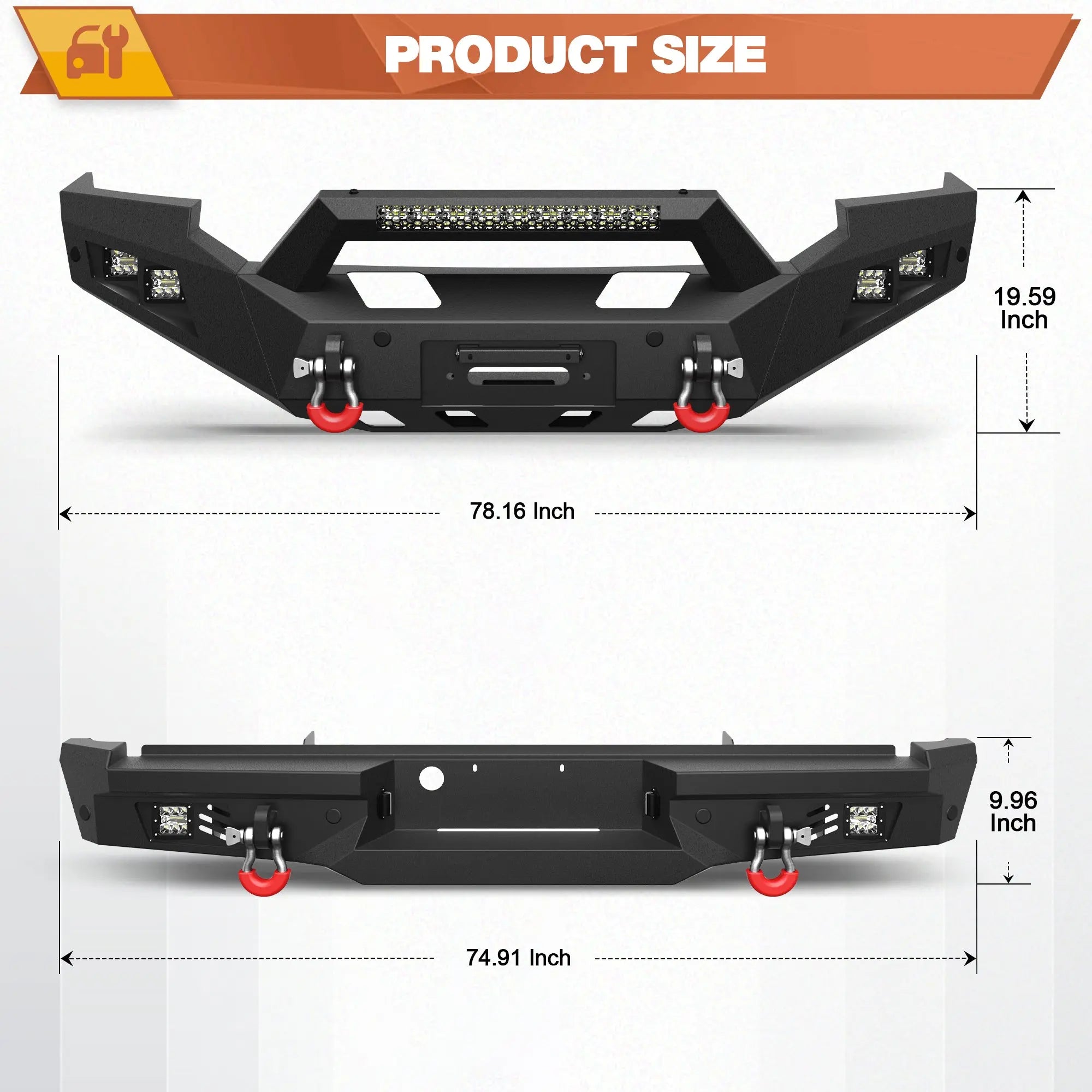 Front Rear Bumper Set, Full Width Offroad Bumper w/Winch Plate, 144W Light Bar, 6x18w Fog Lights, D-rings, License Plate Bracket for 2005-2007 Ford F250/F350/F450 Truck POFENZE