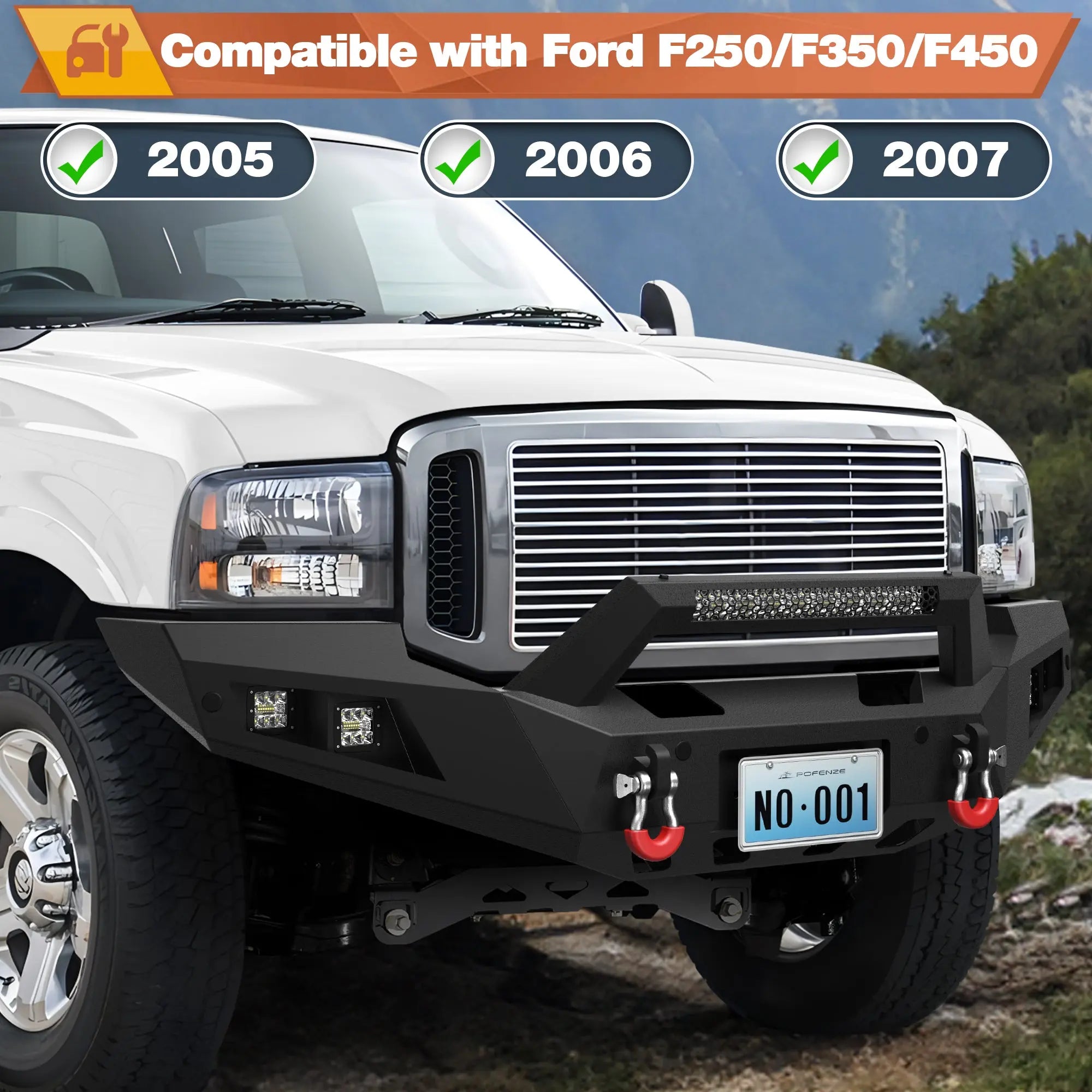 Front Rear Bumper Set, Full Width Offroad Bumper w/Winch Plate, 144W Light Bar, 6x18w Fog Lights, D-rings, License Plate Bracket for 2005-2007 Ford F250/F350/F450 Truck POFENZE
