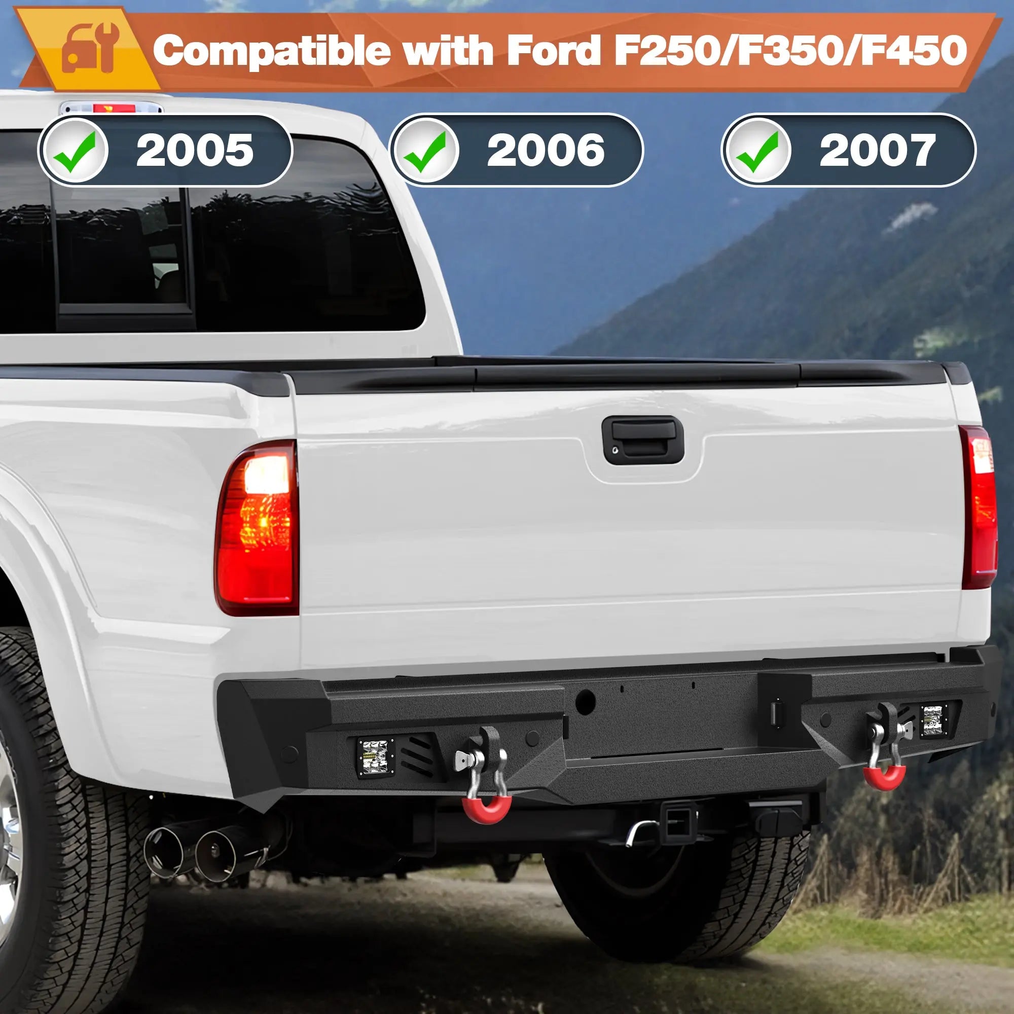 Front Rear Bumper Set, Full Width Offroad Bumper w/Winch Plate, 144W Light Bar, 6x18w Fog Lights, D-rings, License Plate Bracket for 2005-2007 Ford F250/F350/F450 Truck POFENZE