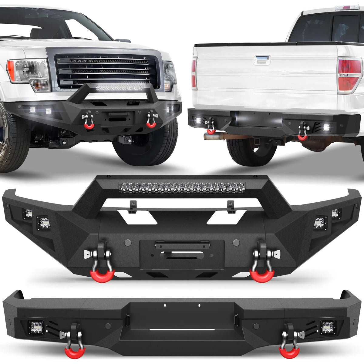 Front + Rear Bumper Set, Full Width Offroad Bumper w/Winch Plate, 144W Light Bar, 6x18w Fog Lights, D-rings, License Plate Bracket for 2009-2014 Ford F150 Truck (Excluding Raptor) POFENZE