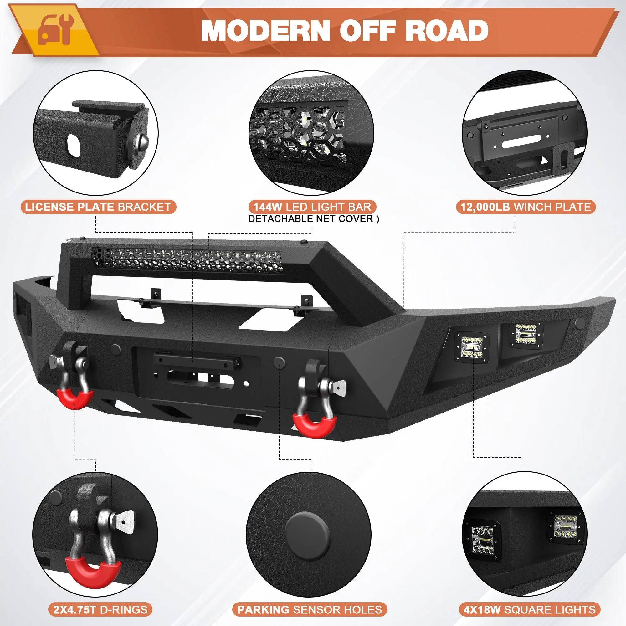 Front + Rear Bumper Set, Full Width Offroad Bumper w/Winch Plate, 144W Light Bar, 6x18w Fog Lights, D-rings, License Plate Bracket for 2009-2014 Ford F150 Truck (Excluding Raptor) POFENZE