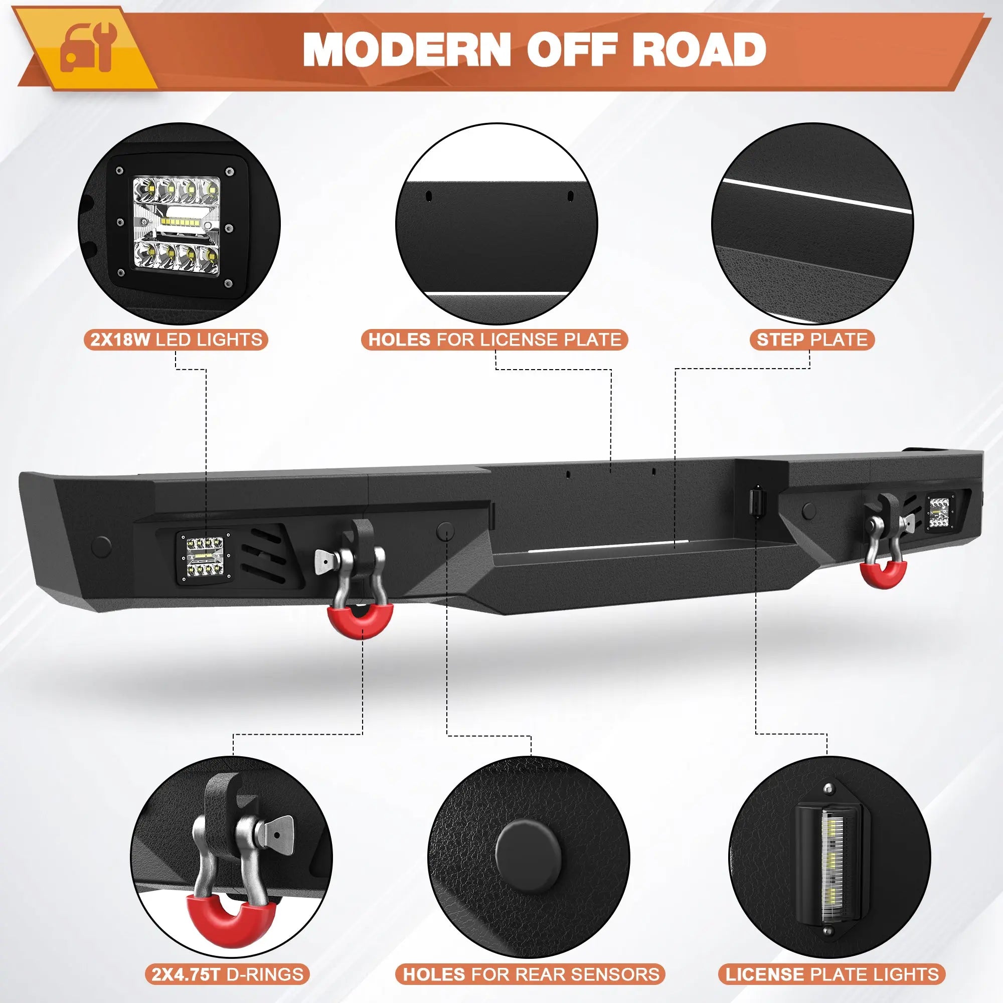 Front + Rear Bumper Set, Full Width Offroad Bumper w/Winch Plate, 144W Light Bar, 6x18w Fog Lights, D-rings, License Plate Bracket for 2009-2014 Ford F150 Truck (Excluding Raptor) POFENZE