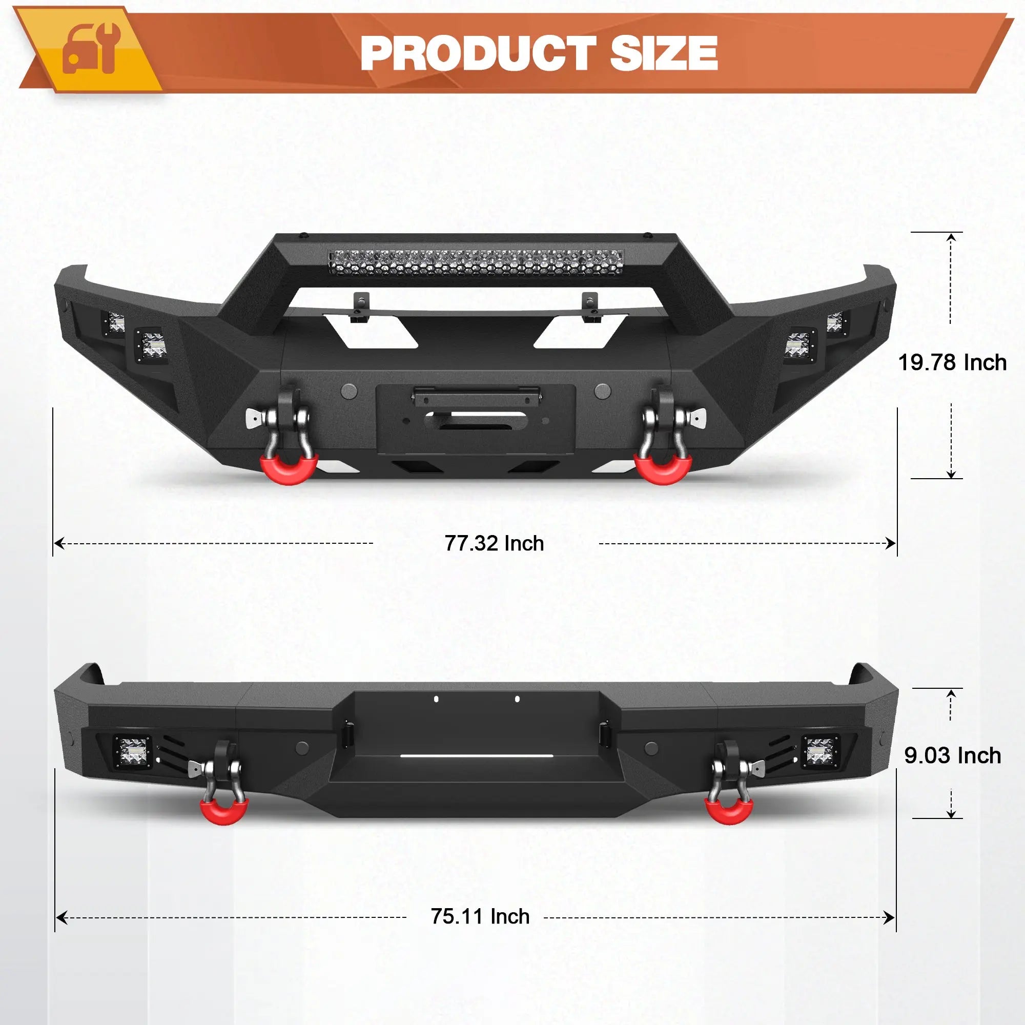 Front + Rear Bumper Set, Full Width Offroad Bumper w/Winch Plate, 144W Light Bar, 6x18w Fog Lights, D-rings, License Plate Bracket for 2009-2014 Ford F150 Truck (Excluding Raptor) POFENZE
