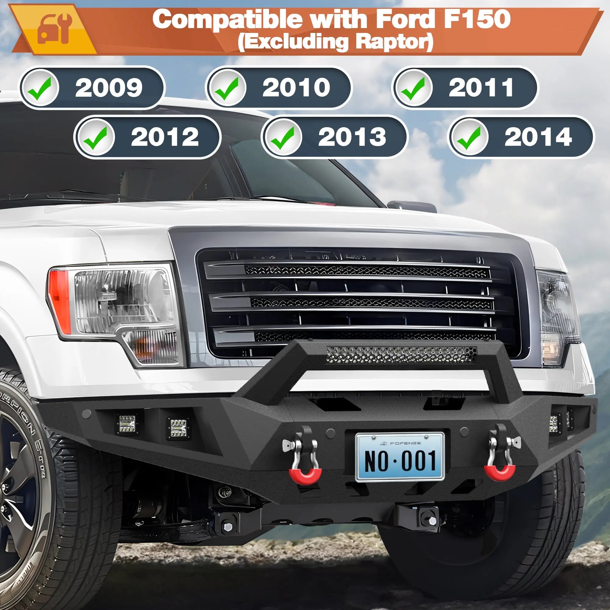 Front + Rear Bumper Set, Full Width Offroad Bumper w/Winch Plate, 144W Light Bar, 6x18w Fog Lights, D-rings, License Plate Bracket for 2009-2014 Ford F150 Truck (Excluding Raptor) POFENZE