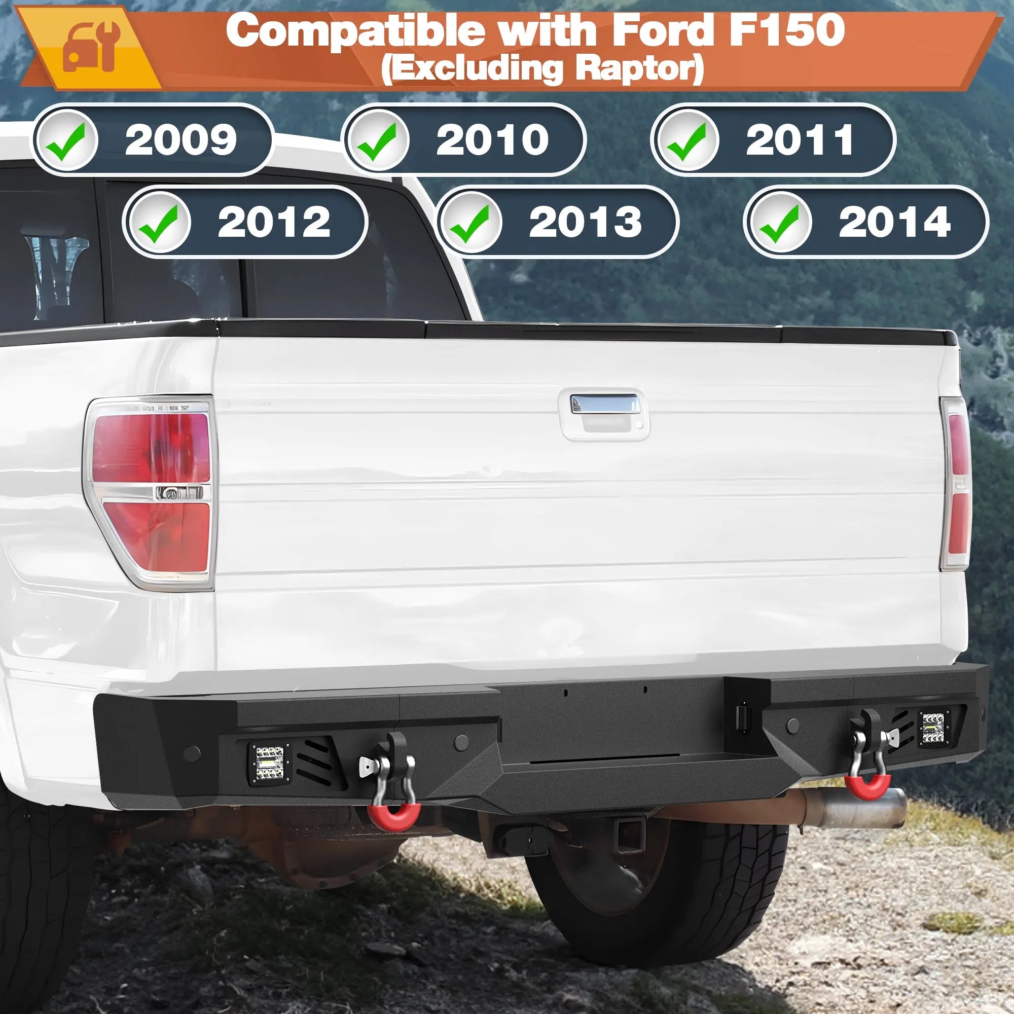 Front + Rear Bumper Set, Full Width Offroad Bumper w/Winch Plate, 144W Light Bar, 6x18w Fog Lights, D-rings, License Plate Bracket for 2009-2014 Ford F150 Truck (Excluding Raptor) POFENZE