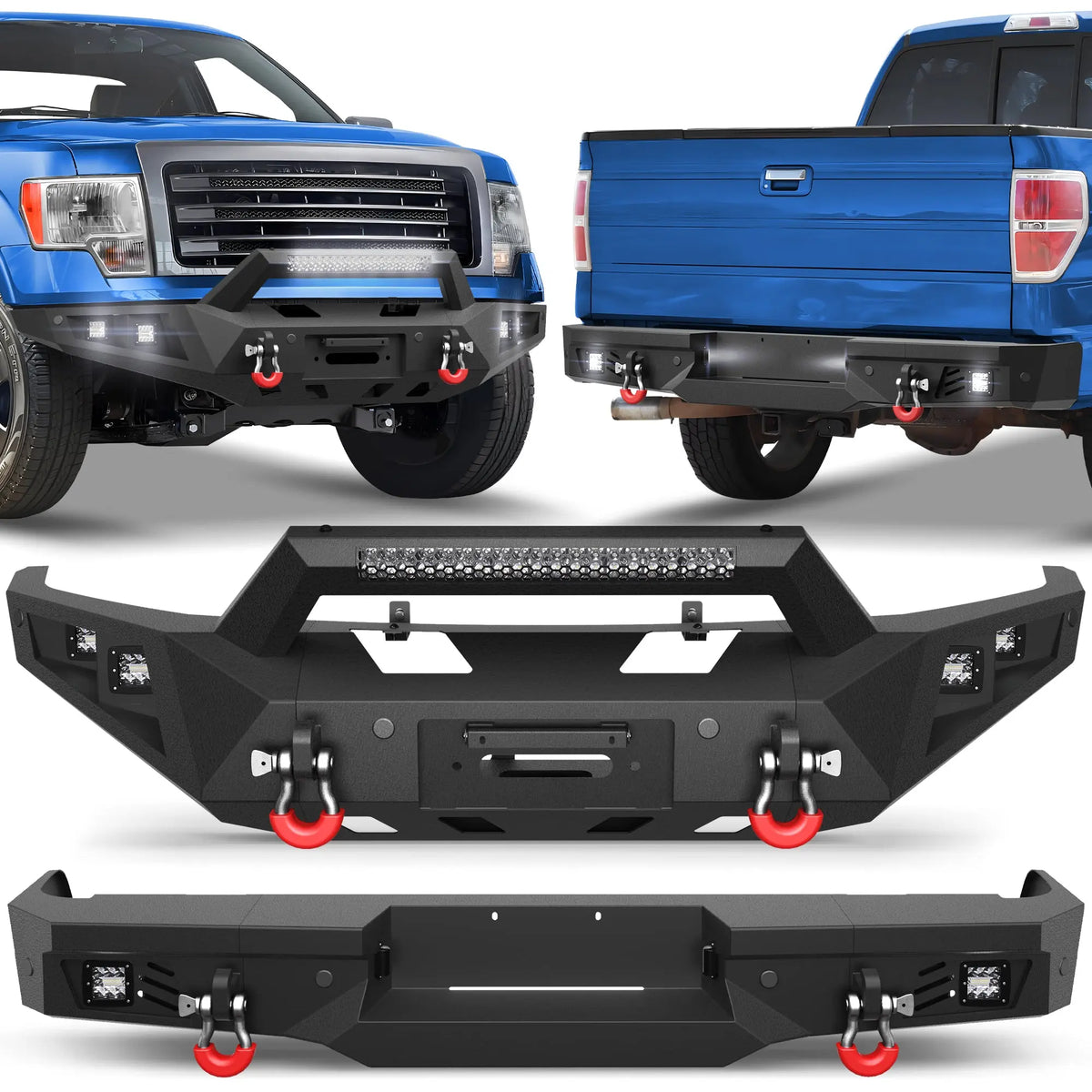 Front and Rear Bumper Set for 09-14 F150, Full Width Offroad Bumper w/Winch Plate, 144W Light Bar, 6x18w Fog Lights, D-rings, License Plate Bracket for 2009-2014 Ford F150 Truck (Excluding Raptor)