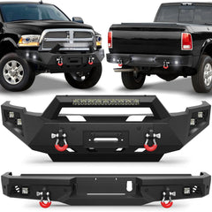 Front and Rear Bumper Set, Full Width Offroad Bumper w/Winch Plate, 144W Light Bar, 6x18w Fog Lights, D-rings, License Plate Bracket and Lights for 2010-2018 Dodge Ram 2500/3500 POFENZE