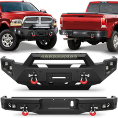 Front and Rear Bumper Set, Full Width Offroad Bumper w/Winch Plate, 144W Light Bar, 6x18w Fog Lights, D-rings, License Plate Bracket and Lights for 2010-2018 Dodge Ram 2500/3500 POFENZE