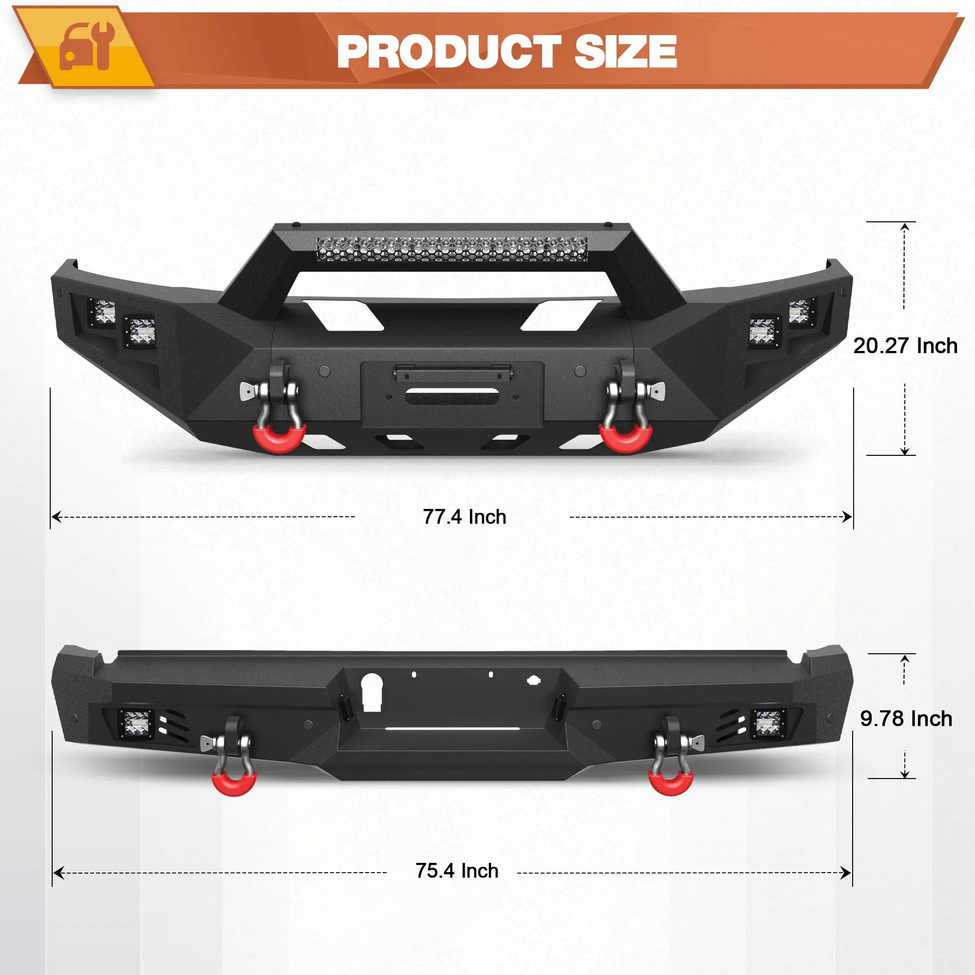 Front and Rear Bumper, Full Width Offroad Bumper w/Winch Plate, 144W Light Bar, 6x18w Fog Lights, D-rings, License Plate Bracket for 2015-2017 Ford F150 (Excluding Raptor/Ecoboost) POFENZE