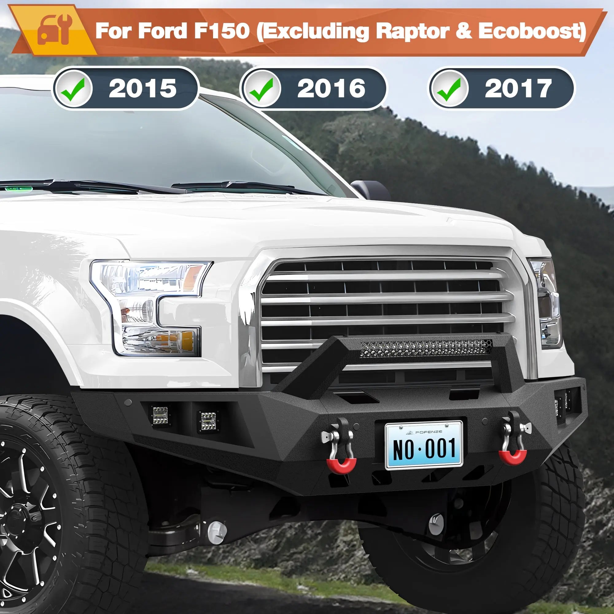 Front and Rear Bumper, Full Width Offroad Bumper w/Winch Plate, 144W Light Bar, 6x18w Fog Lights, D-rings, License Plate Bracket for 2015-2017 Ford F150 (Excluding Raptor/Ecoboost) POFENZE