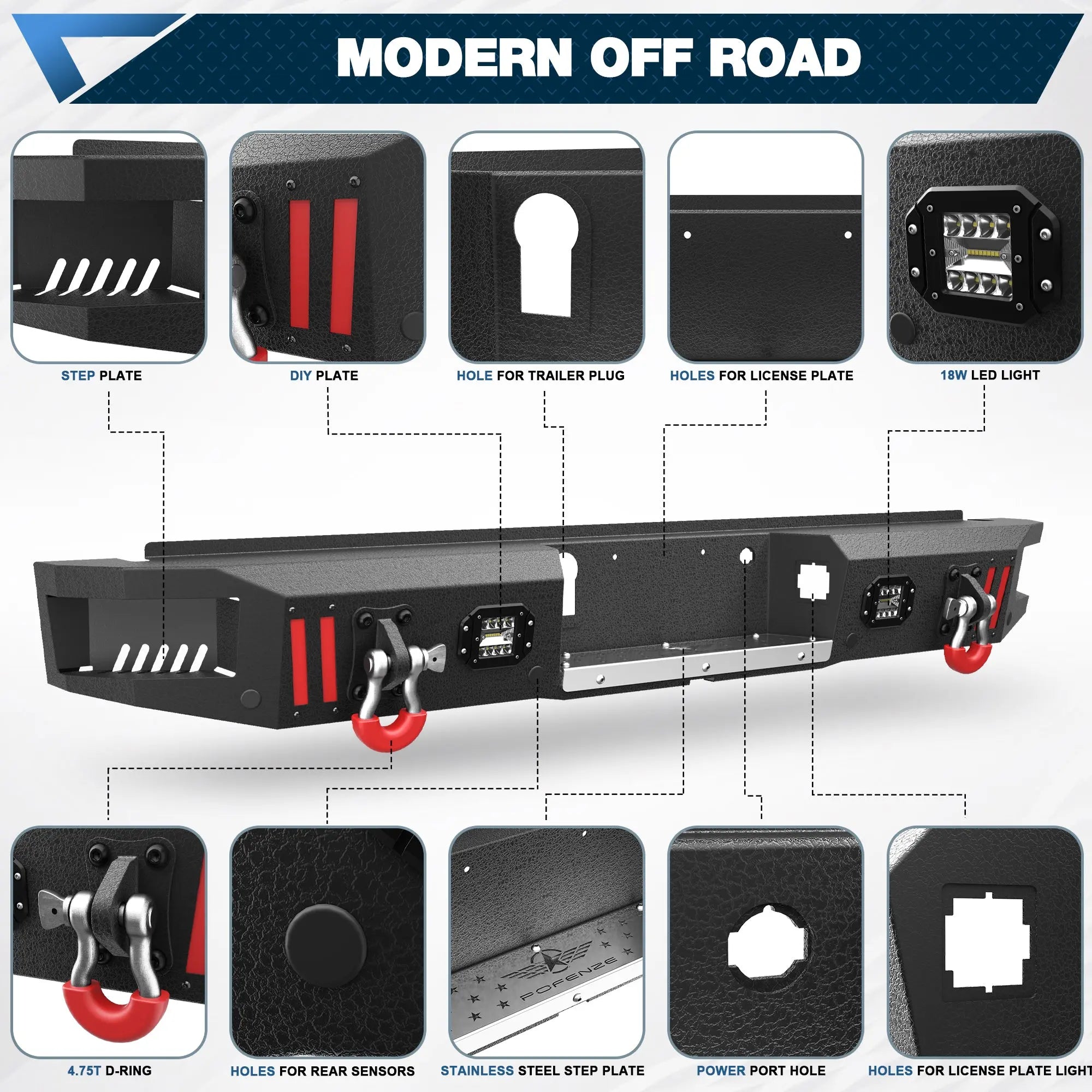 Heavy Duty Front and Rear Bumper for 2018-2020 Ford F150 Steel Front or Rear Bumper W/Winch Plate & LED Lights POFENZE