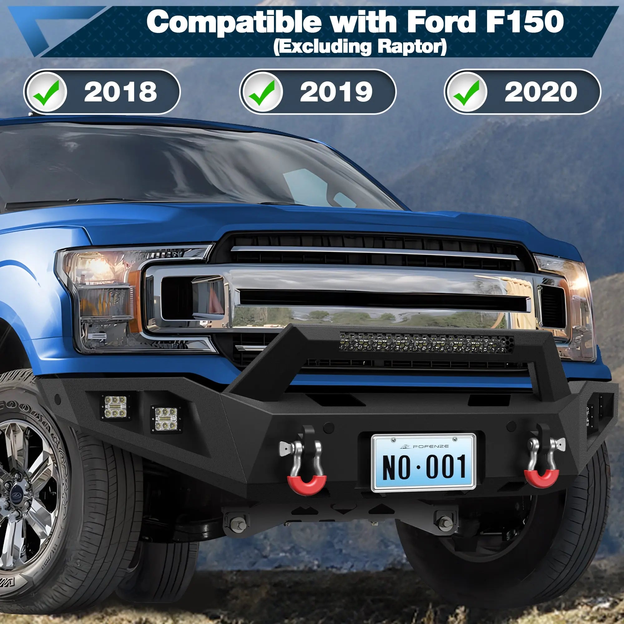 Heavy Duty Front and Rear Bumper for 2018-2020 Ford F150 Steel Front or Rear Bumper W/Winch Plate & LED Lights POFENZE