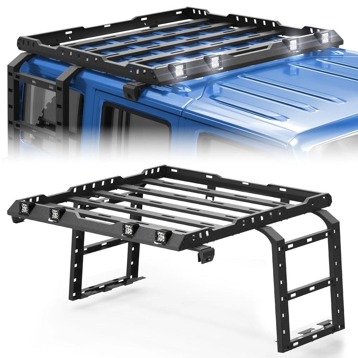 Heavy Duty Roof Rack Basket for 2007-2018 Jeep Wrangler JK Roof Rack Cargo Carrier with 2 Ladders and 4 LED Lights