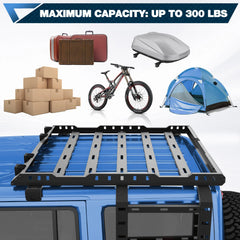 Heavy Duty Roof Rack Basket for 2007-2018 Jeep Wrangler JK Roof Rack Cargo Carrier with 2 Ladders and 4 LED Lights