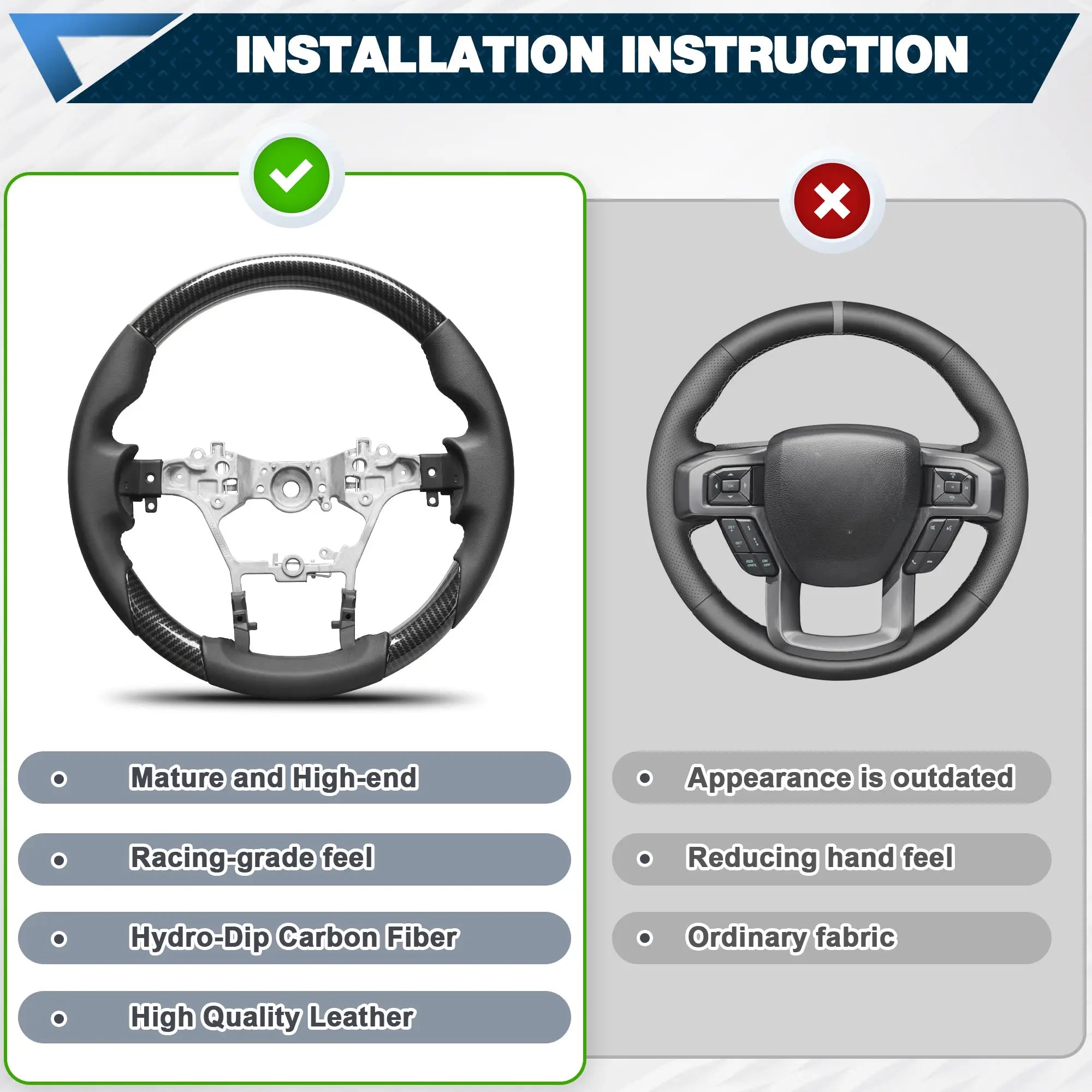 Hydro-Dip Carbon Fiber Steering Wheel For Toyota Hilux/Revo/fortuner 2015-2022 D-shaped With stitching Nappa Perforated Leather Flat-bottom Steering Wheel POFENZE