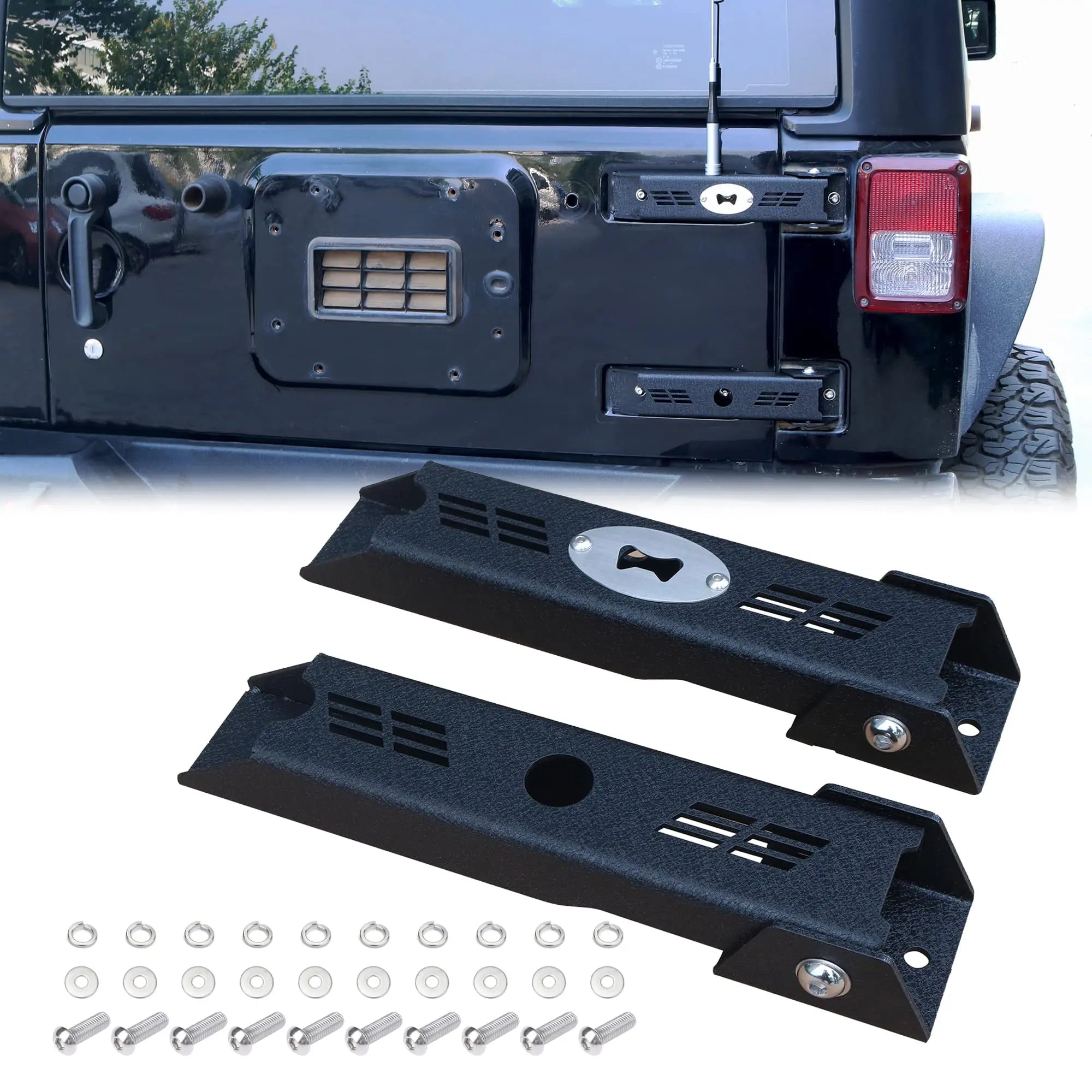 Jeep Tailgate Hinge Set Compatible with 2007-2018 Wrangler JK JKU, Textured Coating Rear Door Hinge with Opener, 2PCS for 2/4 Door POFENZE
