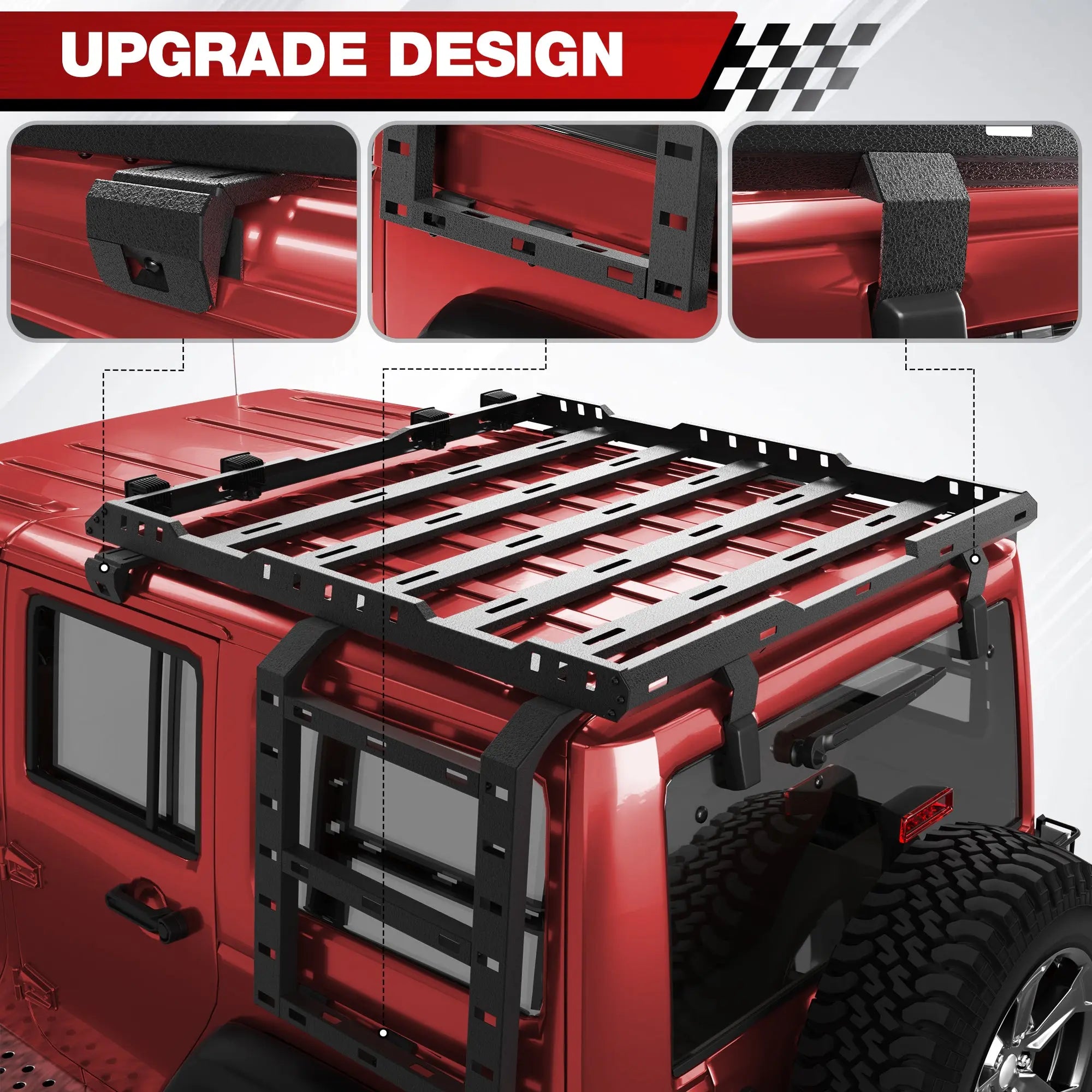 Jeep Wrangler JK Top Roof Heavy Duty Rack with Ladder 4 LED Lights Compatible with 2007-2018 Jeep Wrangler JK Unlimited POFENZE