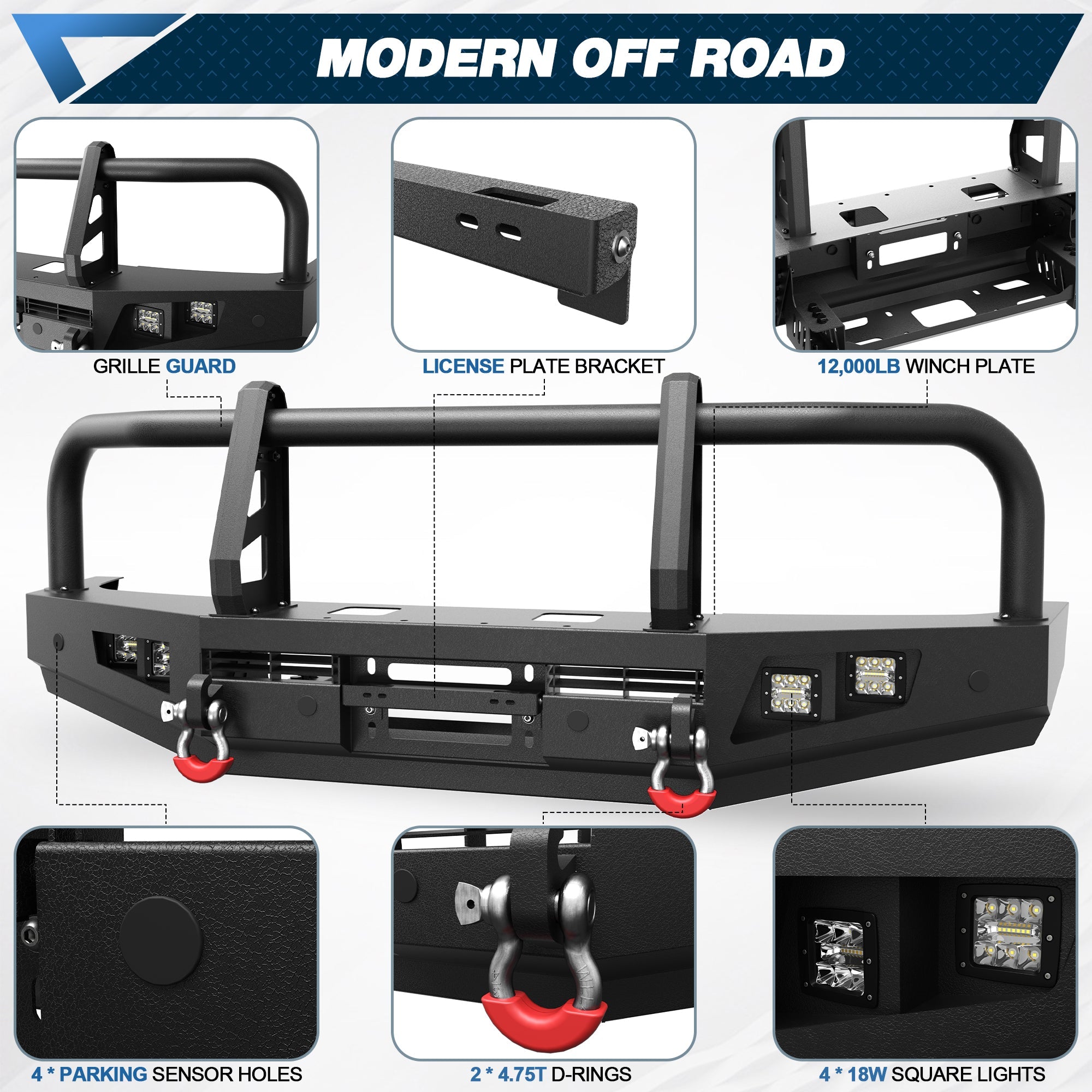 LC80 front bumper 3-piece modular design with grille guard and side wings, POFENZE