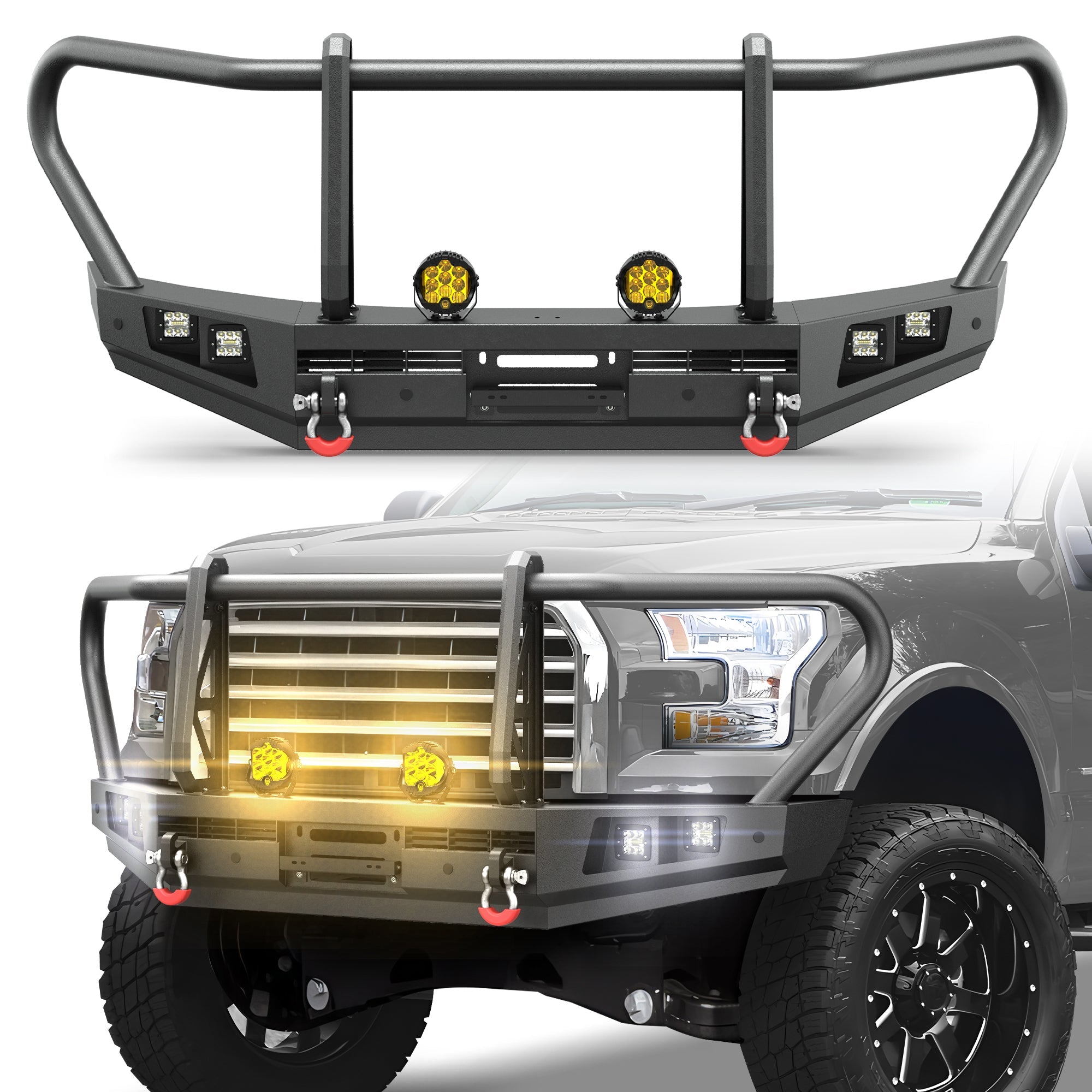 POFENZE F150 Front Bumper with Grille Guard for 2015 2016 2017 Ford F150, Full-Width Steel Off-Road Bumper POFENZE 