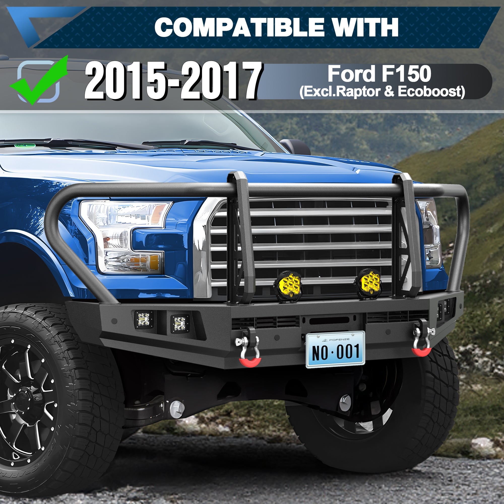 POFENZE F150 Front Bumper with Grille Guard for 2015 2016 2017 Ford F150, Full-Width Steel Off-Road Bumper POFENZE 