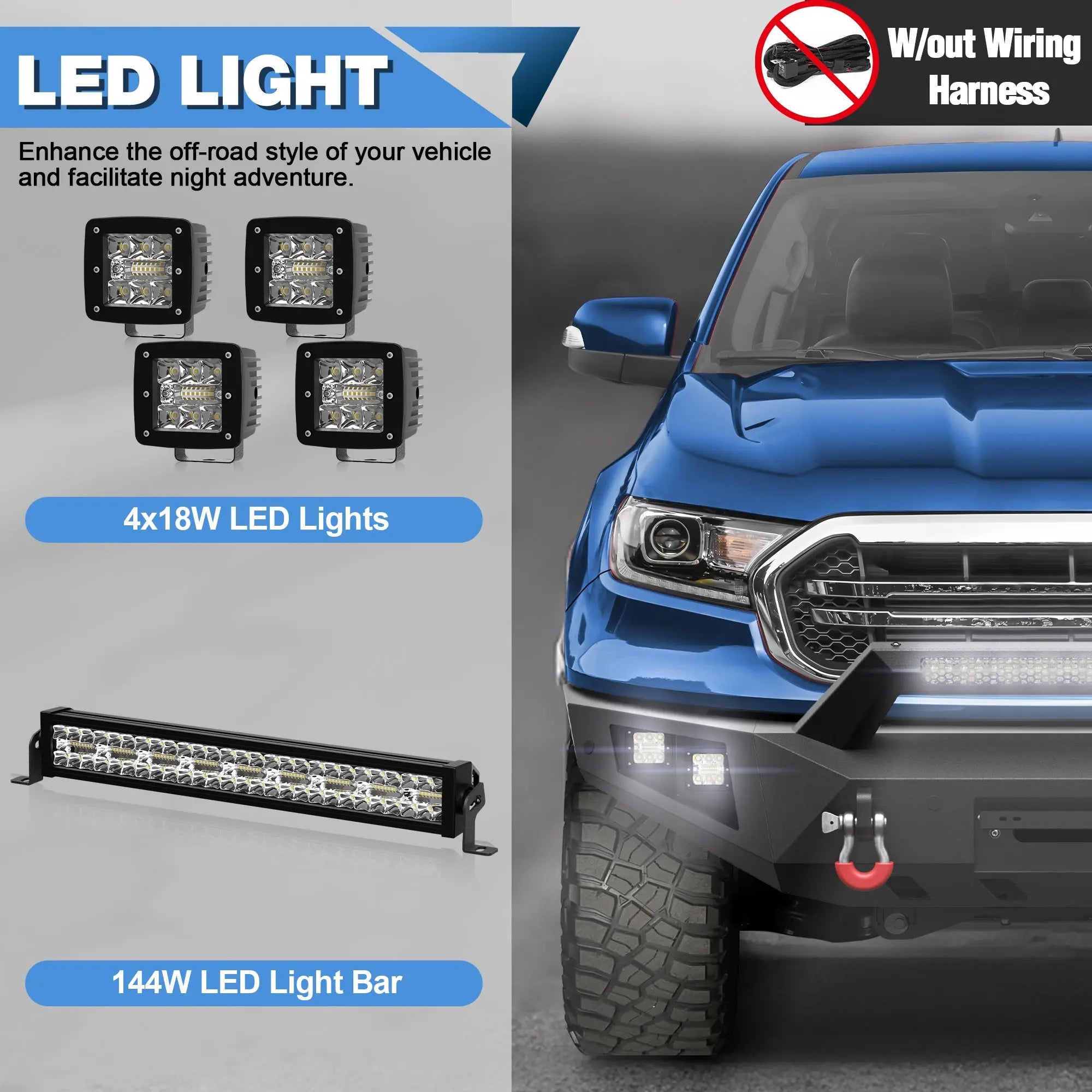 POFENZE Fits 2019-2023 Ford Ranger Front Bumper Off-Road Bumper Equipped with Winch Plate and LED Lights POFENZE