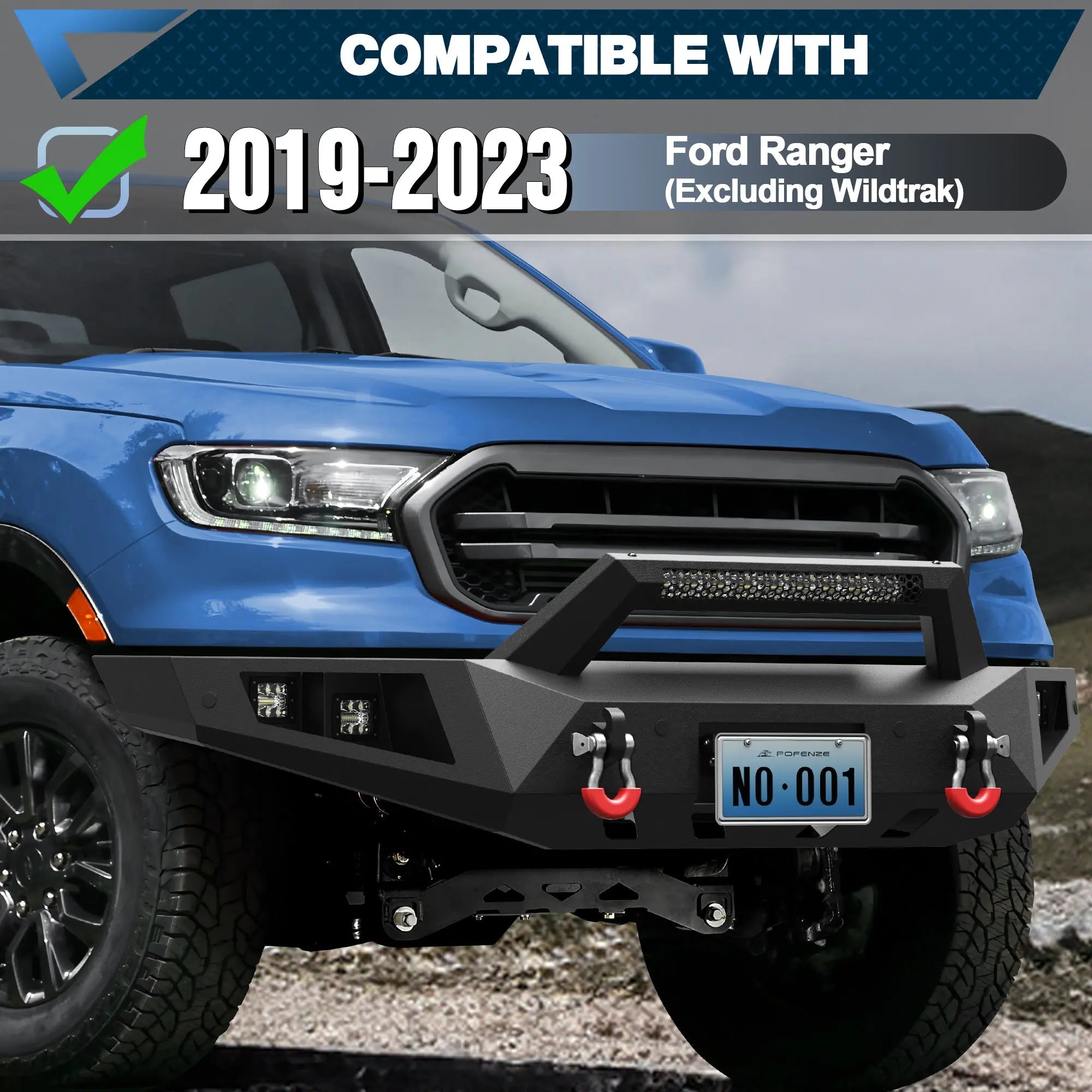 POFENZE Fits 2019-2023 Ford Ranger Front Bumper Off-Road Bumper Equipped with Winch Plate and LED Lights POFENZE