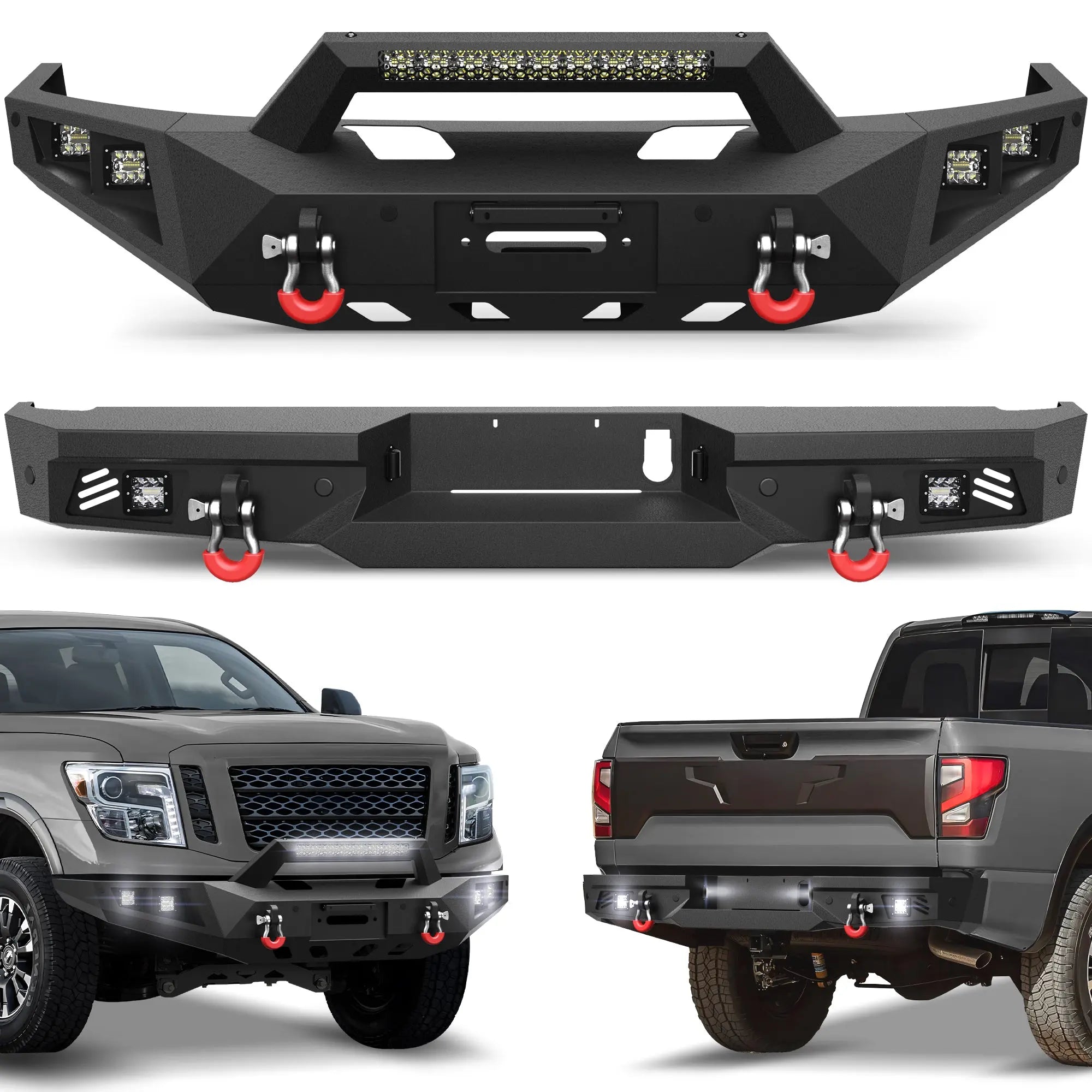 POFENZE For 2016-2025 Nissan Titan XD Front and Rear Bumper Set Off Road Steel Bumper w/Winch Plate and Lights POFENZE