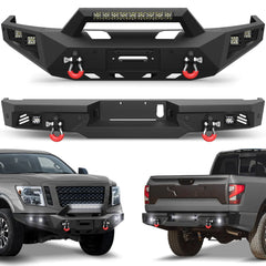 POFENZE For 2016-2025 Nissan Titan XD Front and Rear Bumper Set Off Road Steel Bumper w/Winch Plate and Lights POFENZE