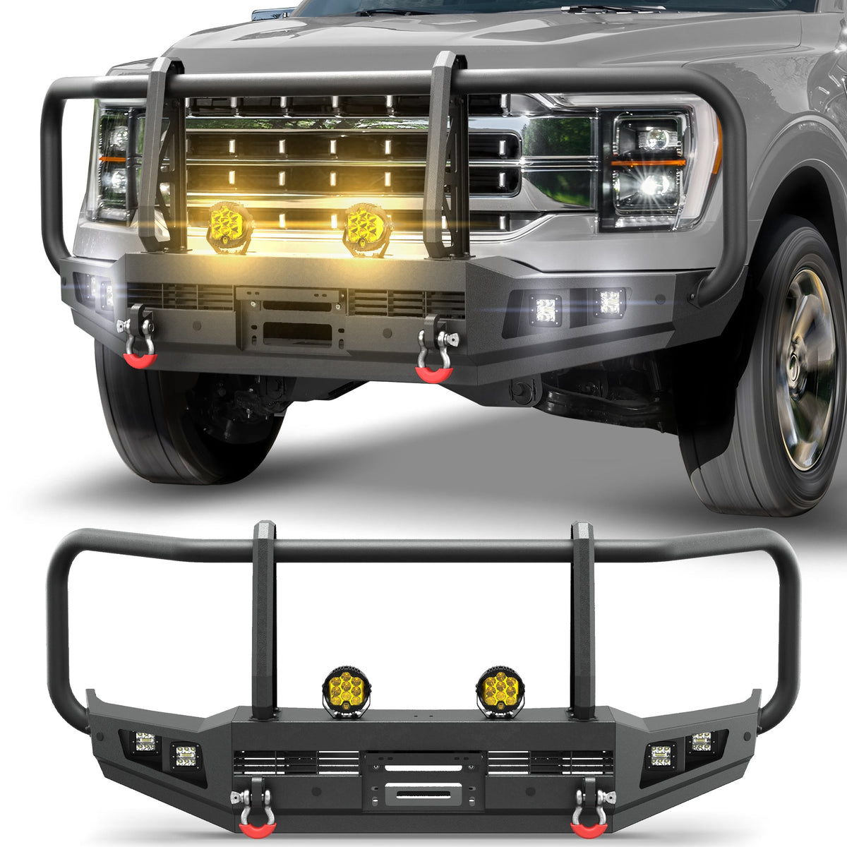 POFENZE Ford F150 Front Bumper with Grille Guard for 2021-2024 Ford F150, Full-Width Steel Off-Road Bumper POFENZE 