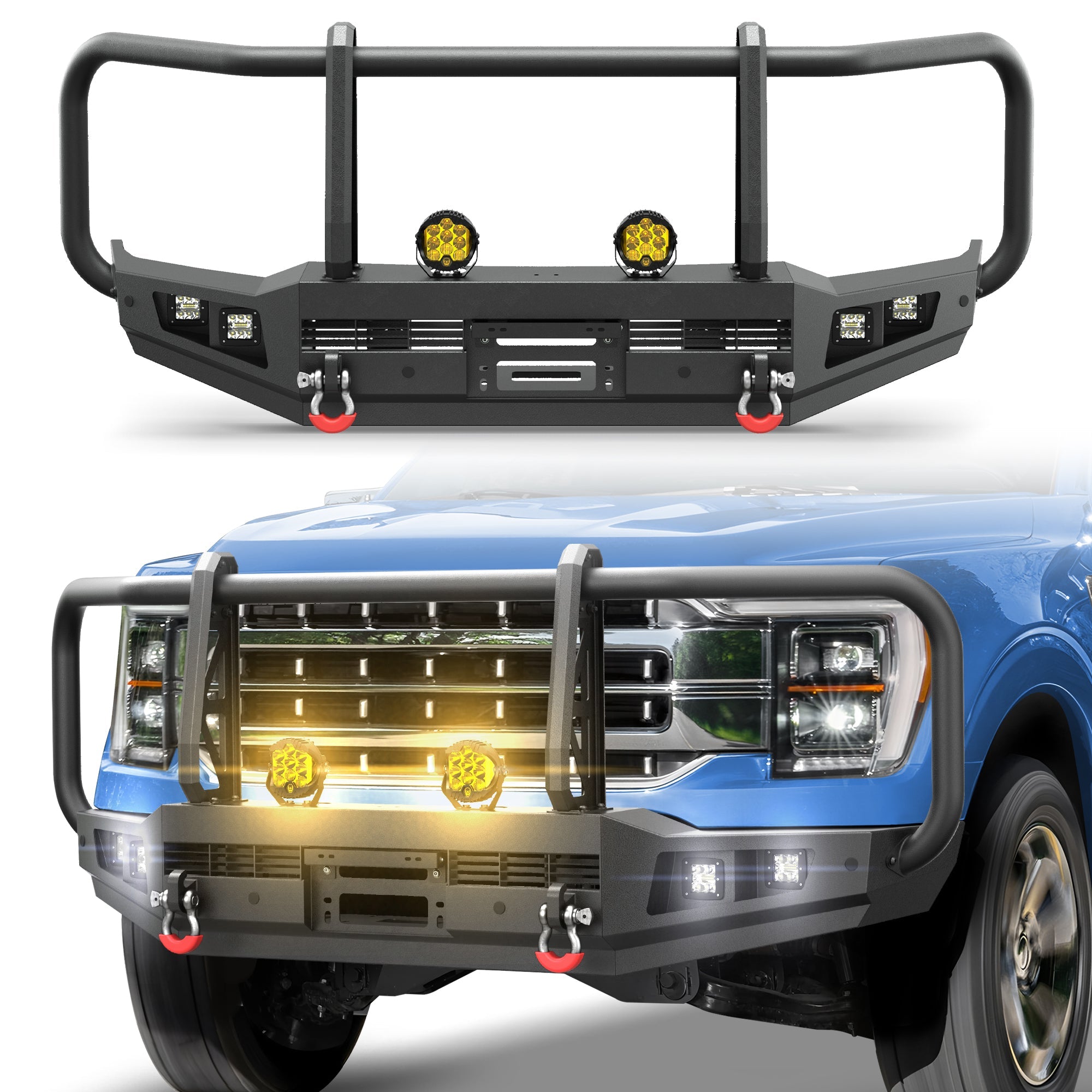 POFENZE Ford F150 Front Bumper with Grille Guard for 2021-2024 Ford F150, Full-Width Steel Off-Road Bumper POFENZE 