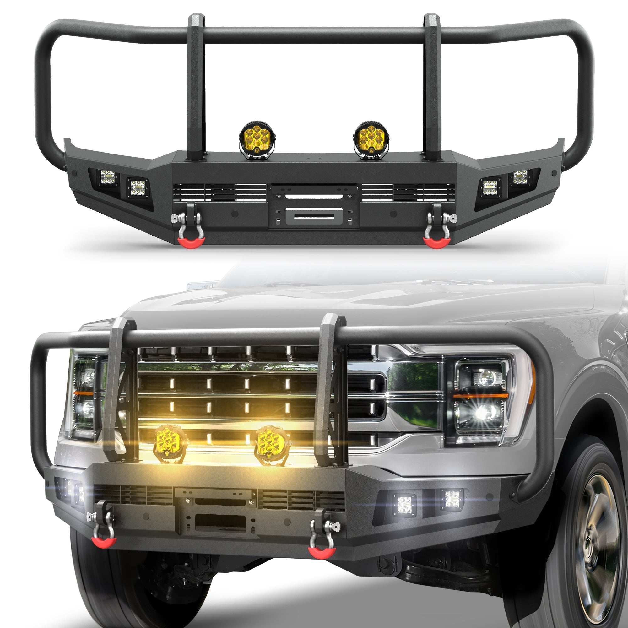 POFENZE Ford F150 Front Bumper with Grille Guard for 2021-2024 Ford F150, Full-Width Steel Off-Road Bumper POFENZE 