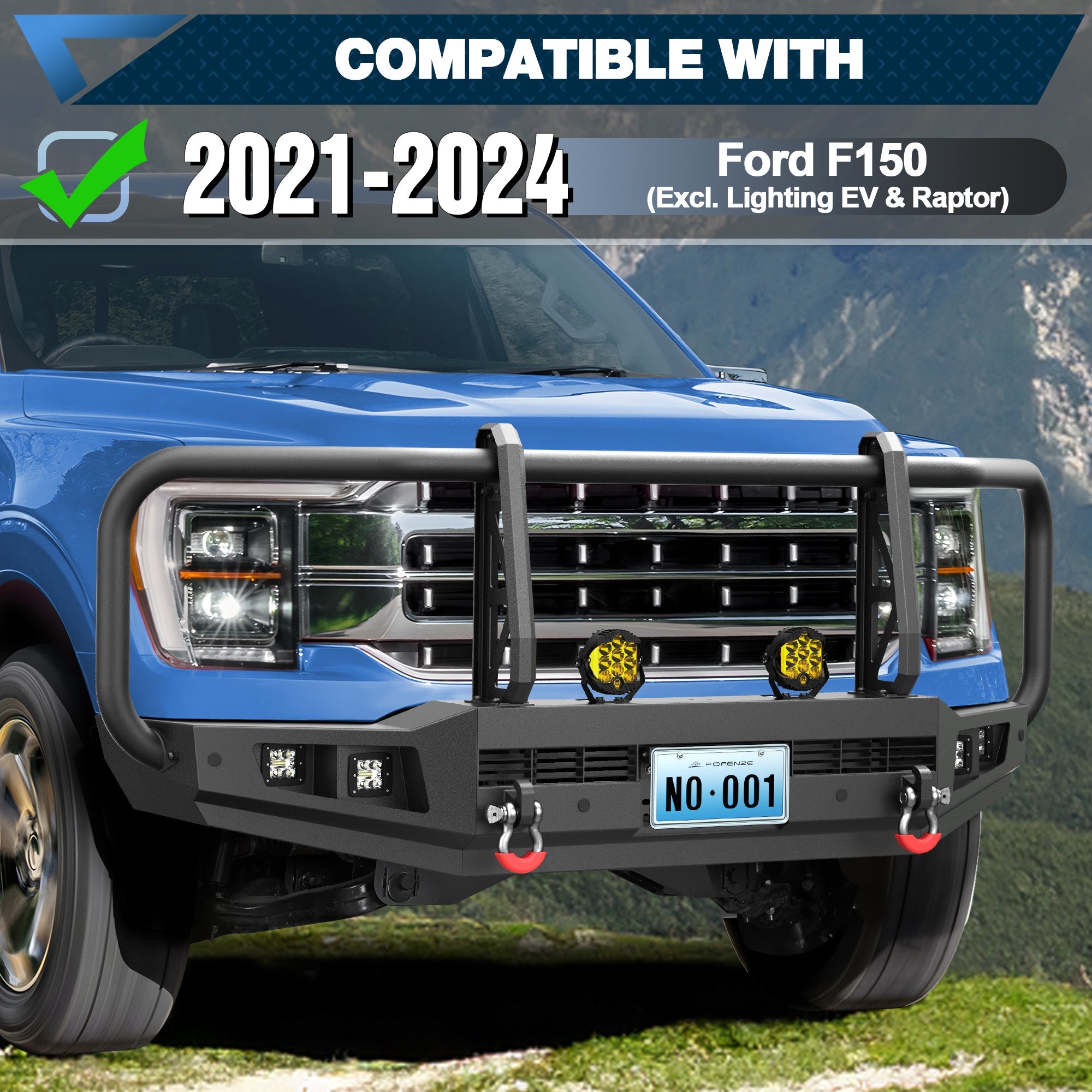 POFENZE Ford F150 Front Bumper with Grille Guard for 2021-2024 Ford F150, Full-Width Steel Off-Road Bumper POFENZE 