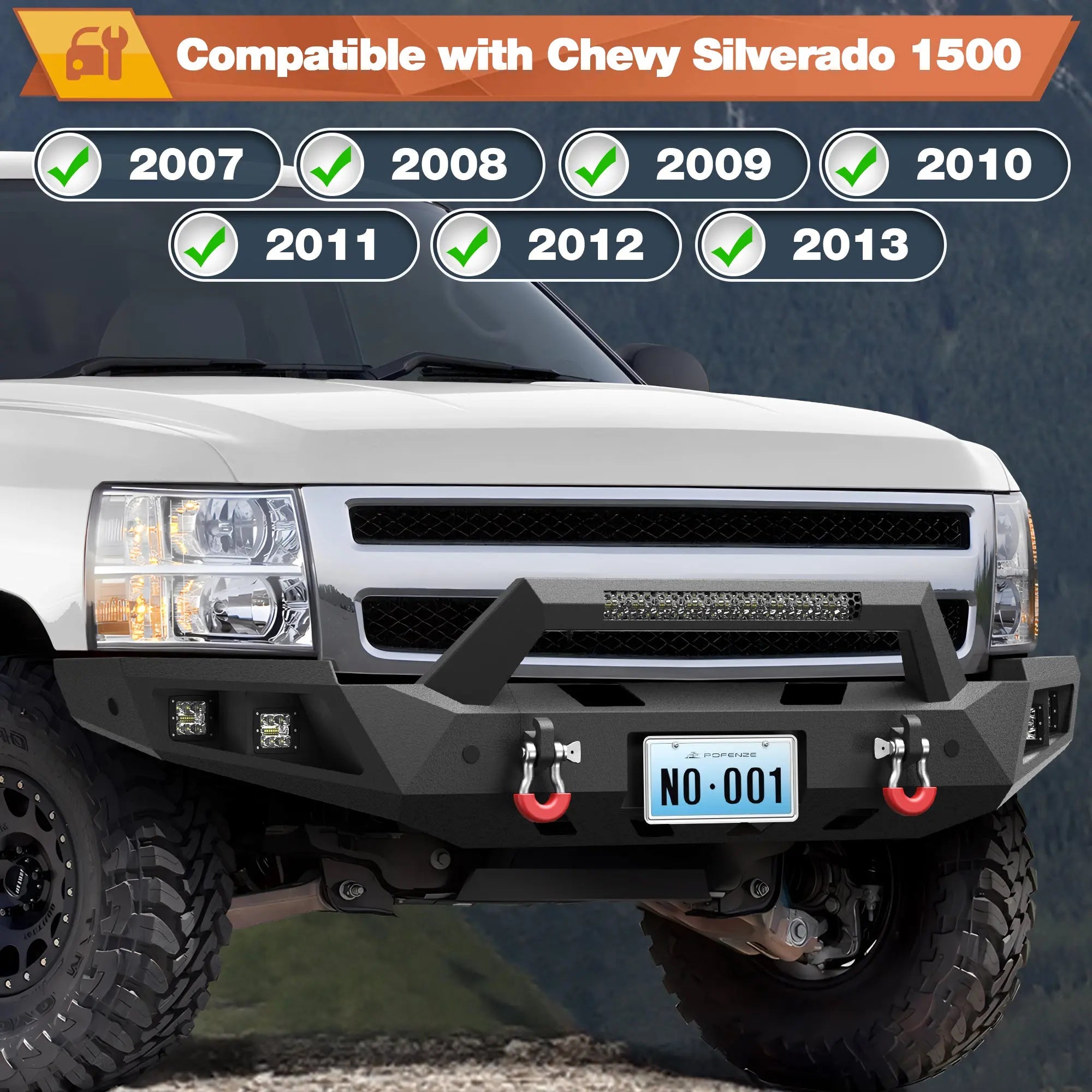 POFENZE Front Bumper + Rear Bumper Combo Compatible with 2007-2013 Silverado 1500 Textured Black Pickup Bumper w/Winch Plate POFENZE