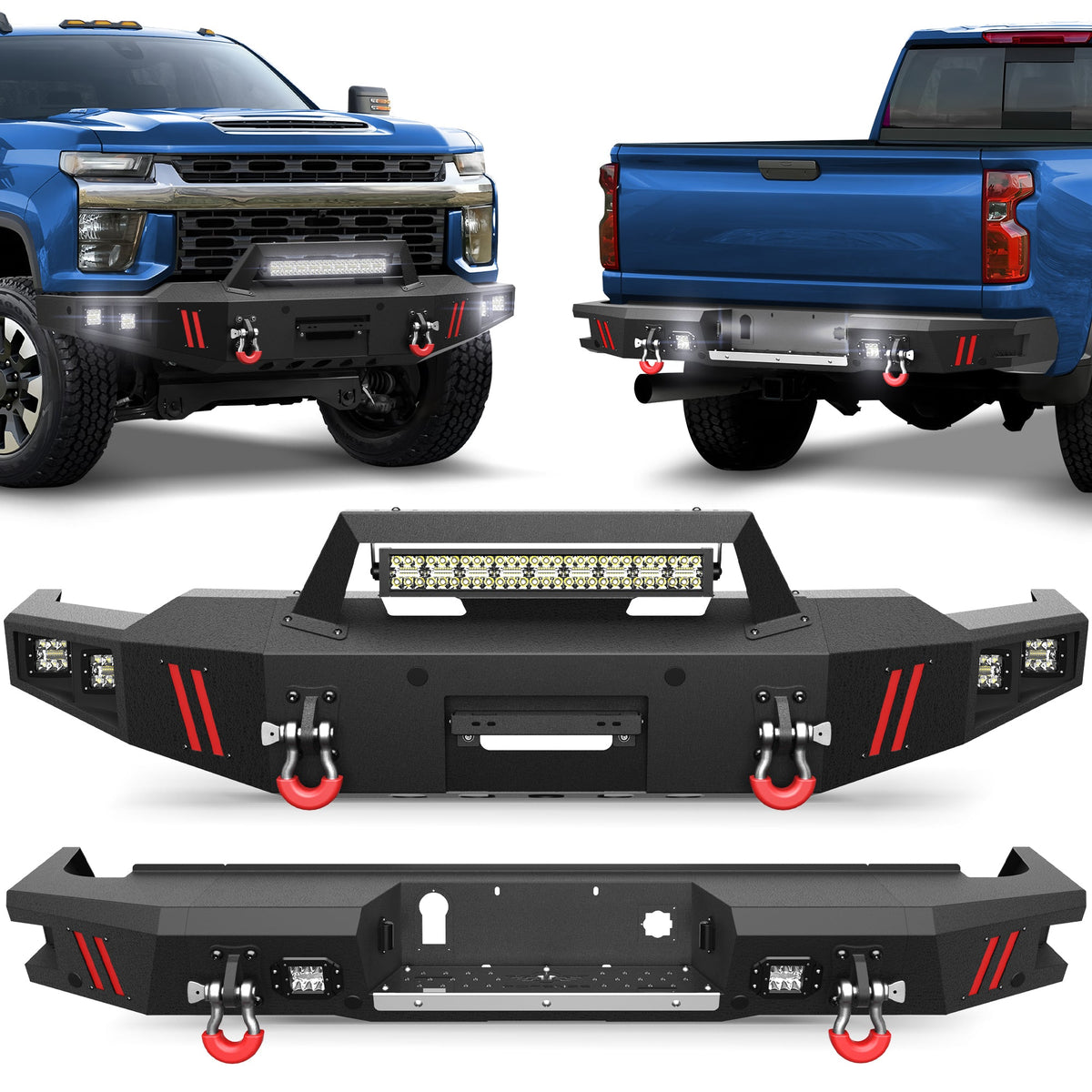 POFENZE Front Bumper and Rear Bumper Set for 2020-2023 Chevy Silverado 2500HD/3500HD | Winch Ready, LED Lights & Sensor Holes POFENZE 