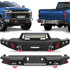 POFENZE Front Bumper and Rear Bumper Set for 2020-2023 Chevy Silverado 2500HD/3500HD | Winch Ready, LED Lights & Sensor Holes POFENZE 