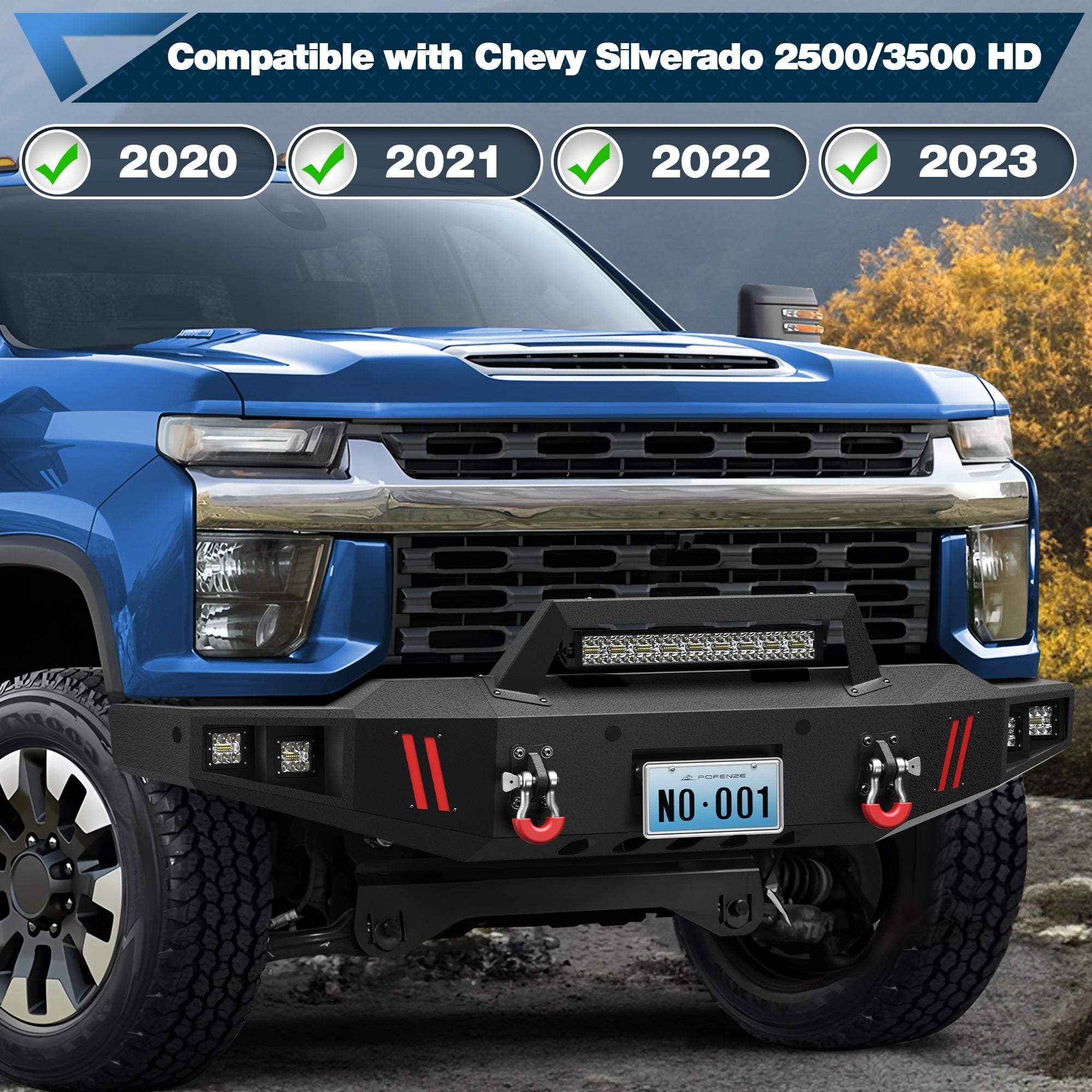 POFENZE Front Bumper and Rear Bumper Set for 2020-2023 Chevy Silverado 2500HD/3500HD | Winch Ready, LED Lights & Sensor Holes POFENZE 