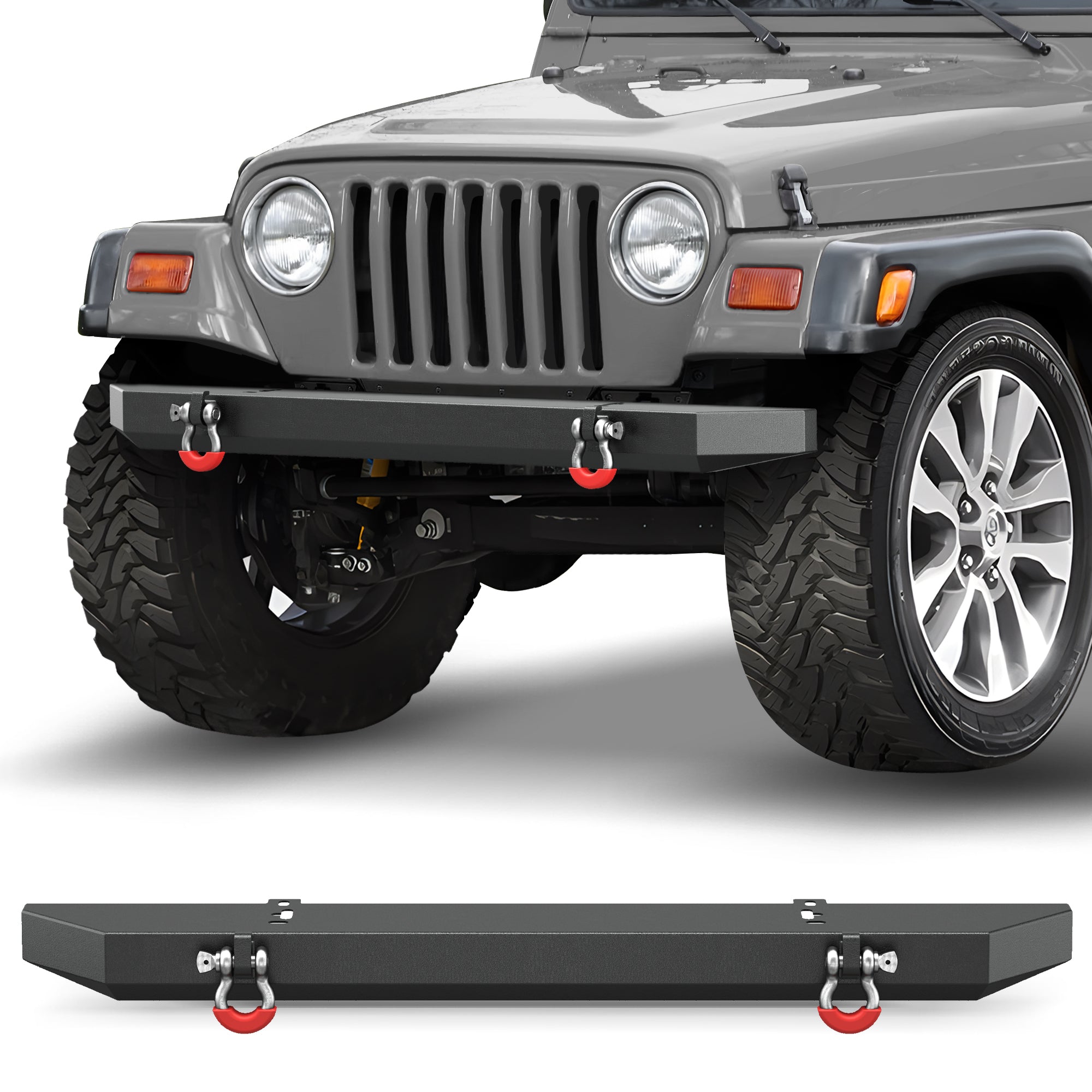 POFENZE Front Bumper for 1987-2006 Jeep Wrangler YJ TJ LJ, Full Width Steel Off-Road Bumper with D-Rings POFENZE 