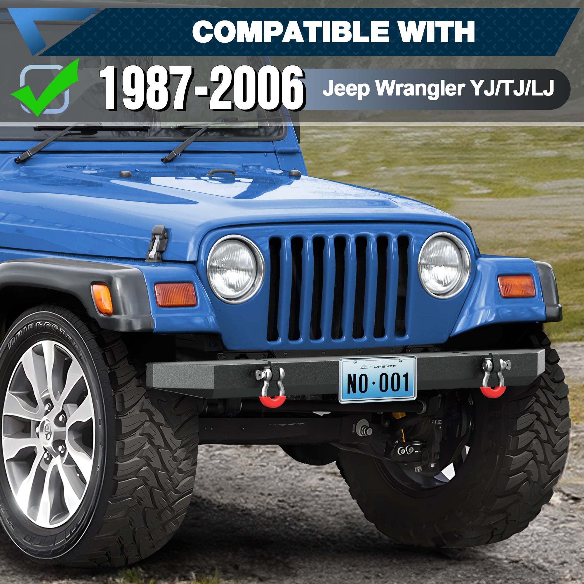 POFENZE Front Bumper for 1987-2006 Jeep Wrangler YJ TJ LJ, Full Width Steel Off-Road Bumper with D-Rings POFENZE 