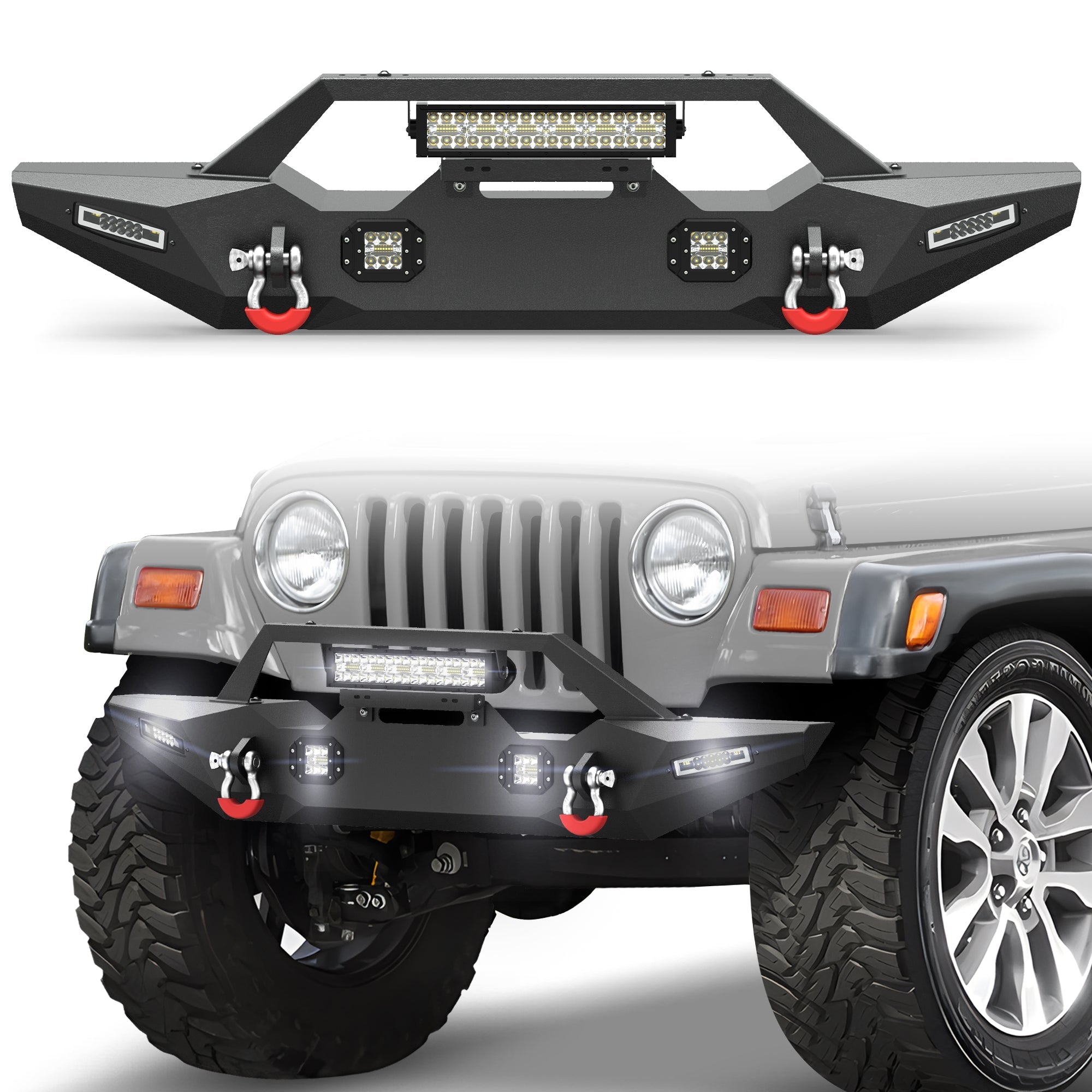 POFENZE Front Bumper for 1987-2006 Jeep Wrangler YJ TJ LJ, Winch Ready Steel Off-Road Bumper POFENZE 