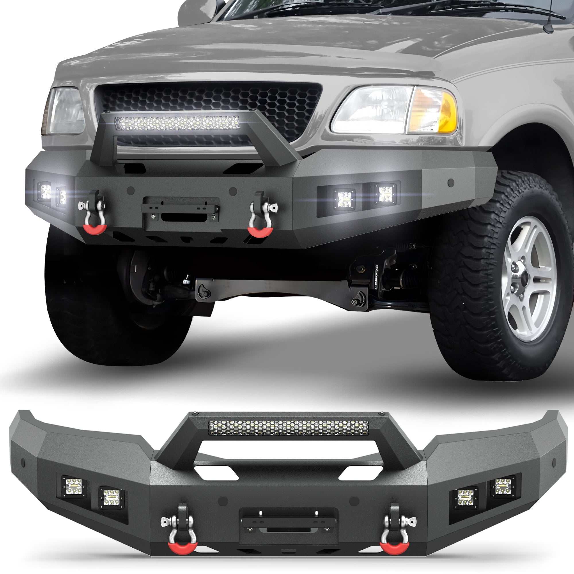 POFENZE Front Bumper for 1997-2003 Ford F-150, Winch Ready Steel Bumper with LED Lights POFENZE 