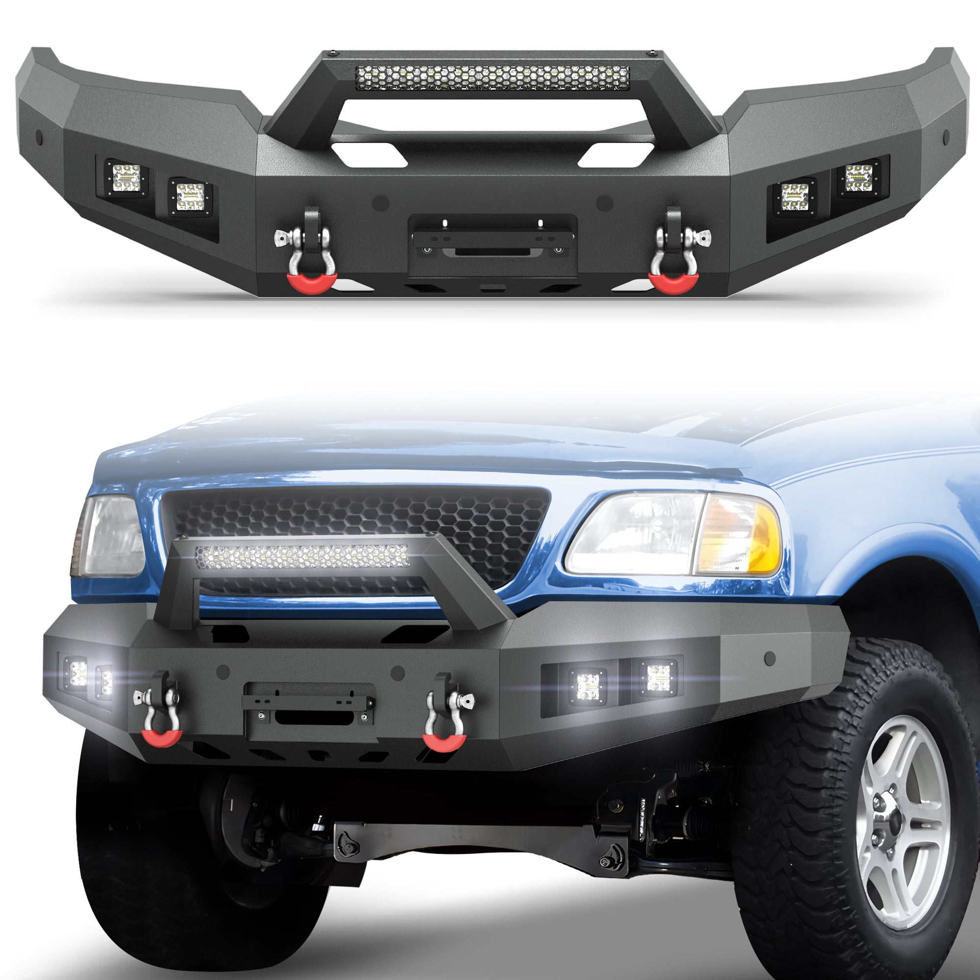POFENZE Front Bumper for 1997-2003 Ford F-150, Winch Ready Steel Bumper with LED Lights POFENZE 