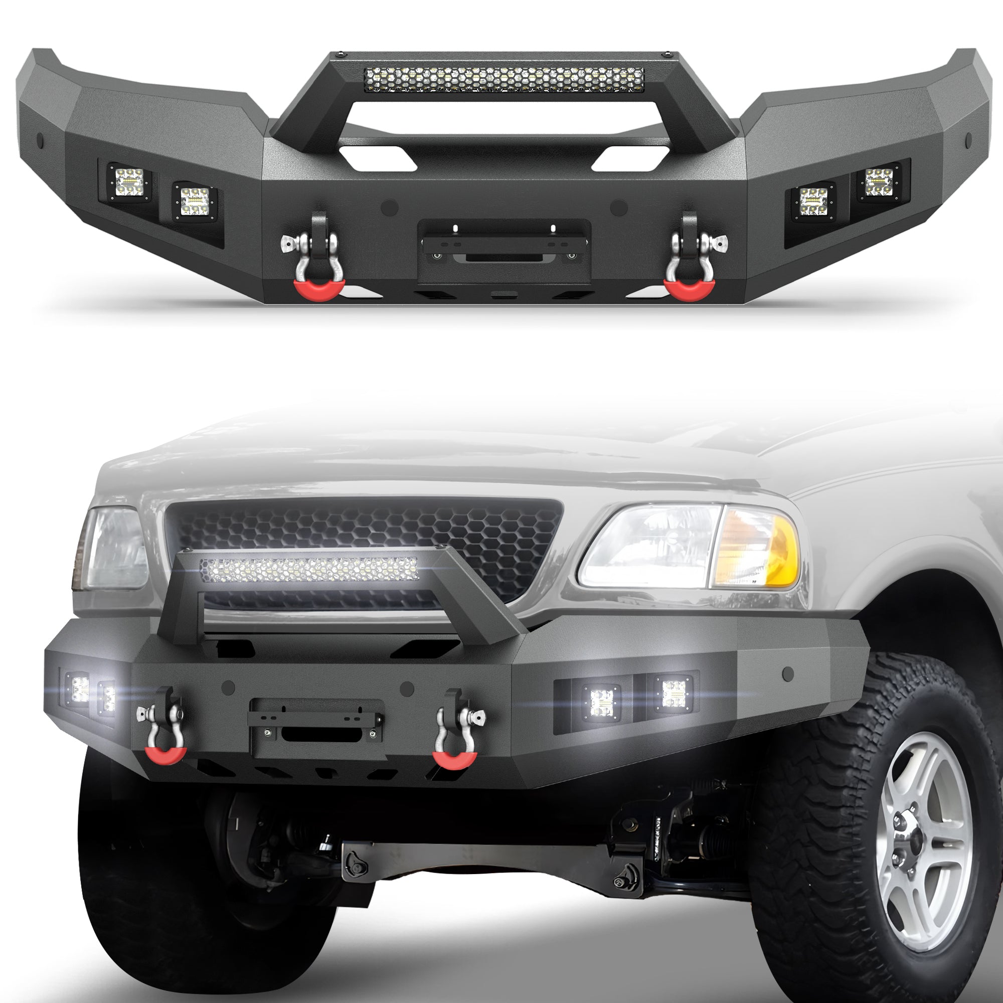 POFENZE Front Bumper for 1997-2003 Ford F-150, Winch Ready Steel Bumper with LED Lights POFENZE 