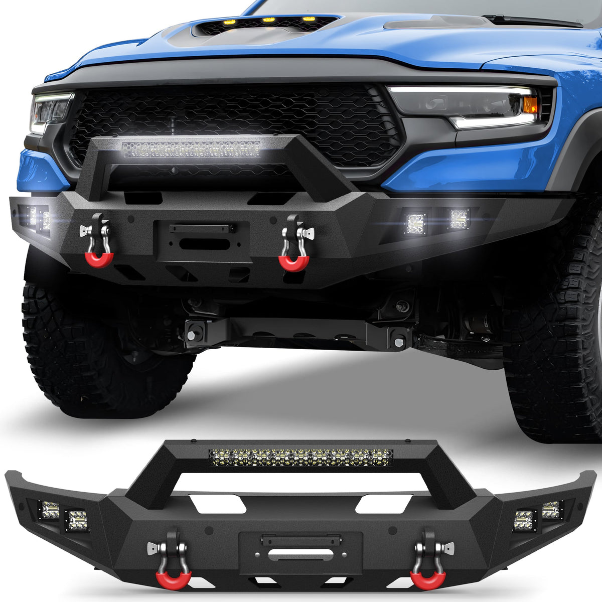 POFENZE Front Bumper for 2021-2025 Ram 1500 TRX, Winch Ready Steel Bumper with LED Lights POFENZE 