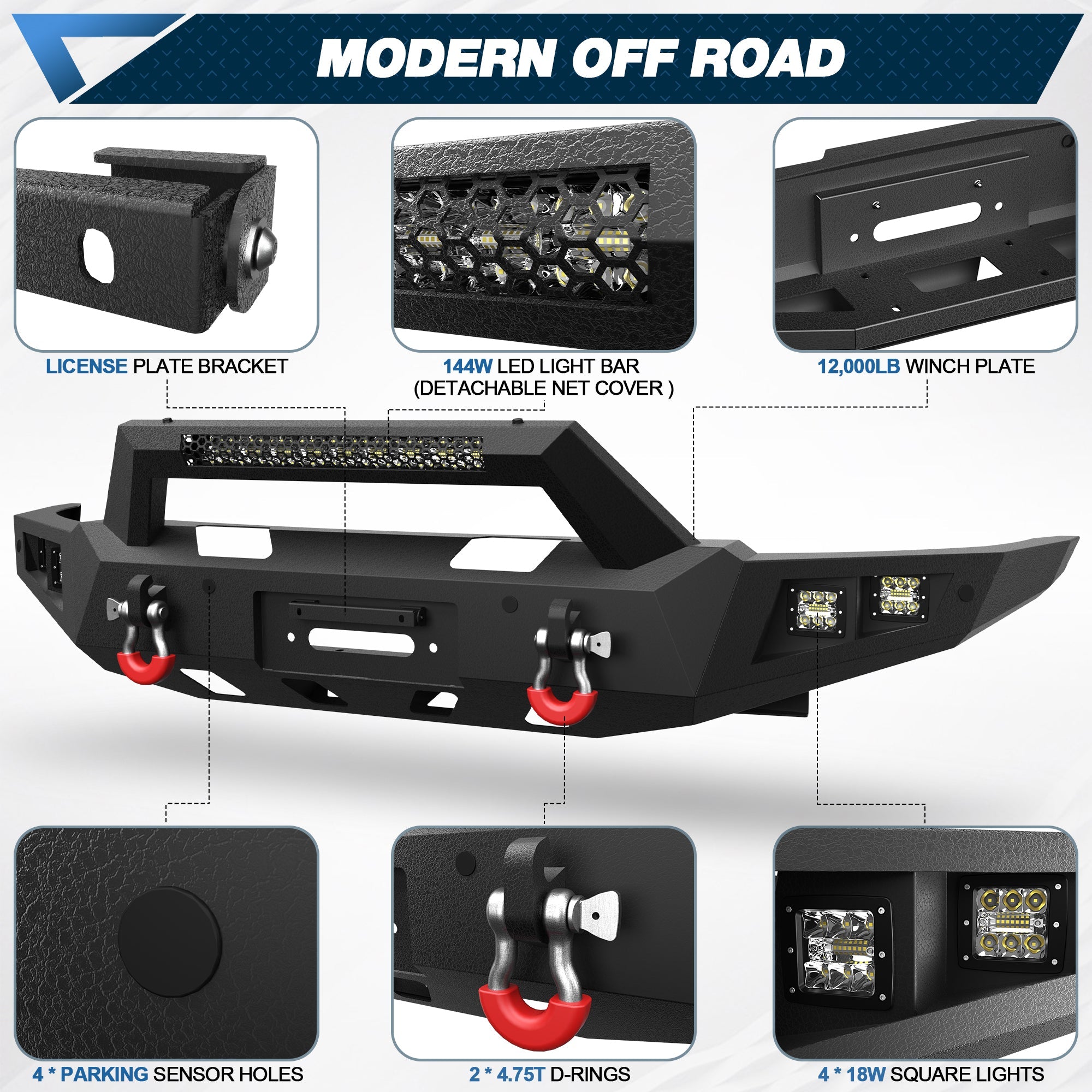 POFENZE Front Bumper for 2021-2025 Ram 1500 TRX, Winch Ready Steel Bumper with LED Lights POFENZE 