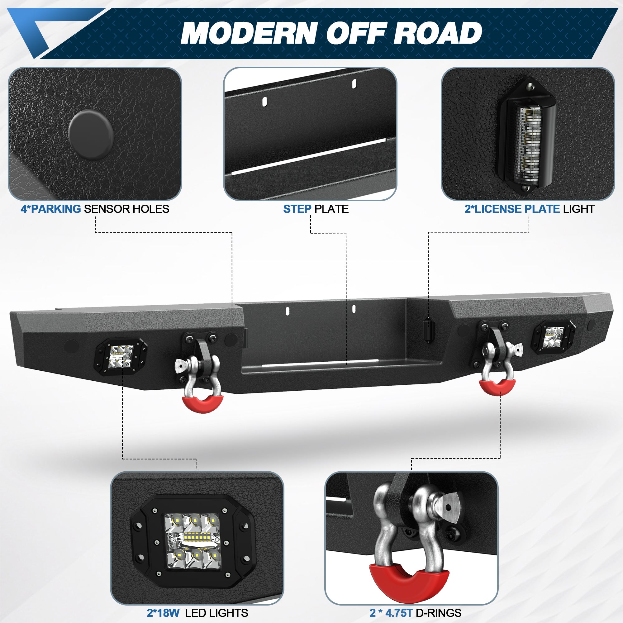 POFENZE Rear Bumper for 1993-2011 Ford Ranger, Full Width Steel Bumper with Step & LED Lights POFENZE 