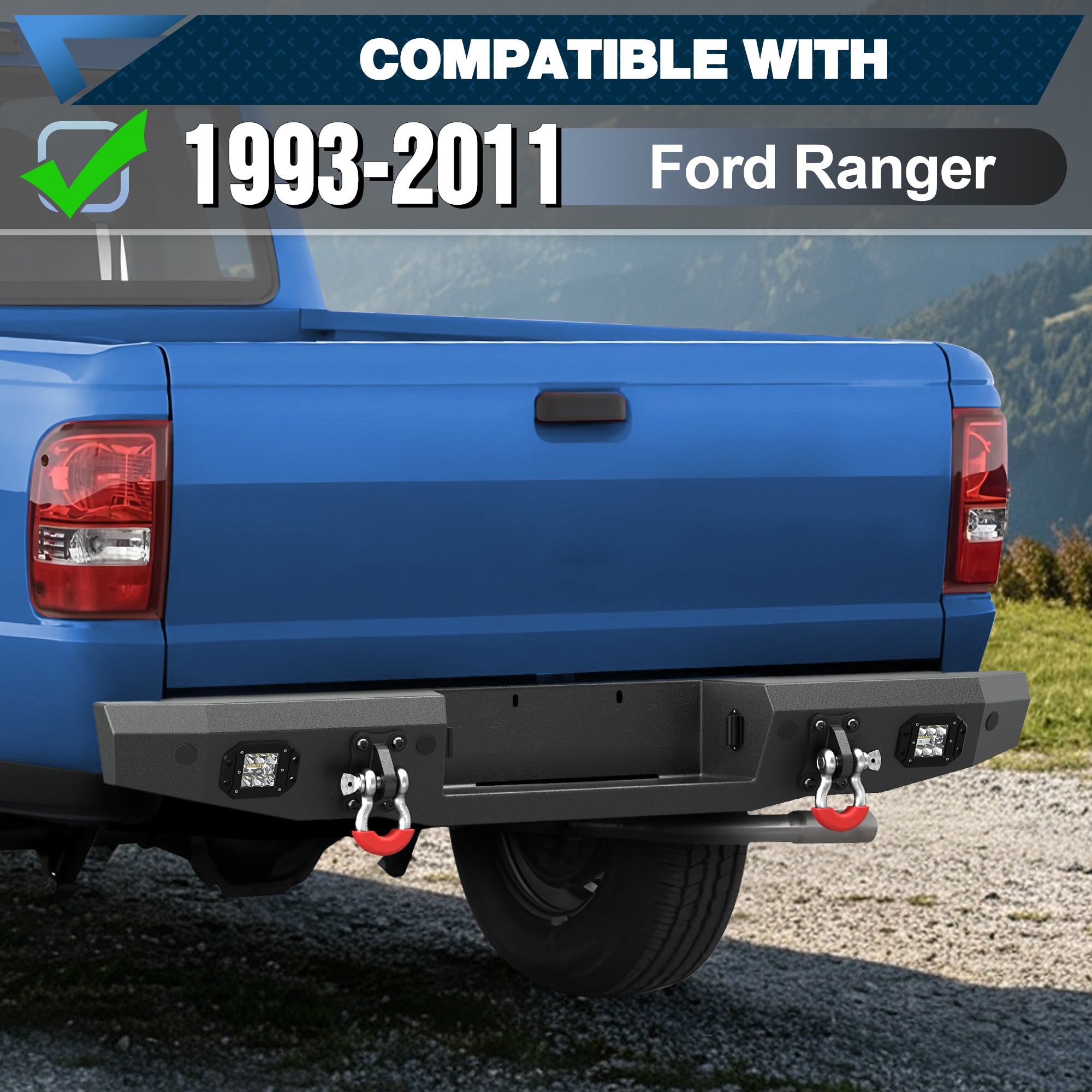 POFENZE Rear Bumper for 1993-2011 Ford Ranger, Full Width Steel Bumper with Step & LED Lights POFENZE 