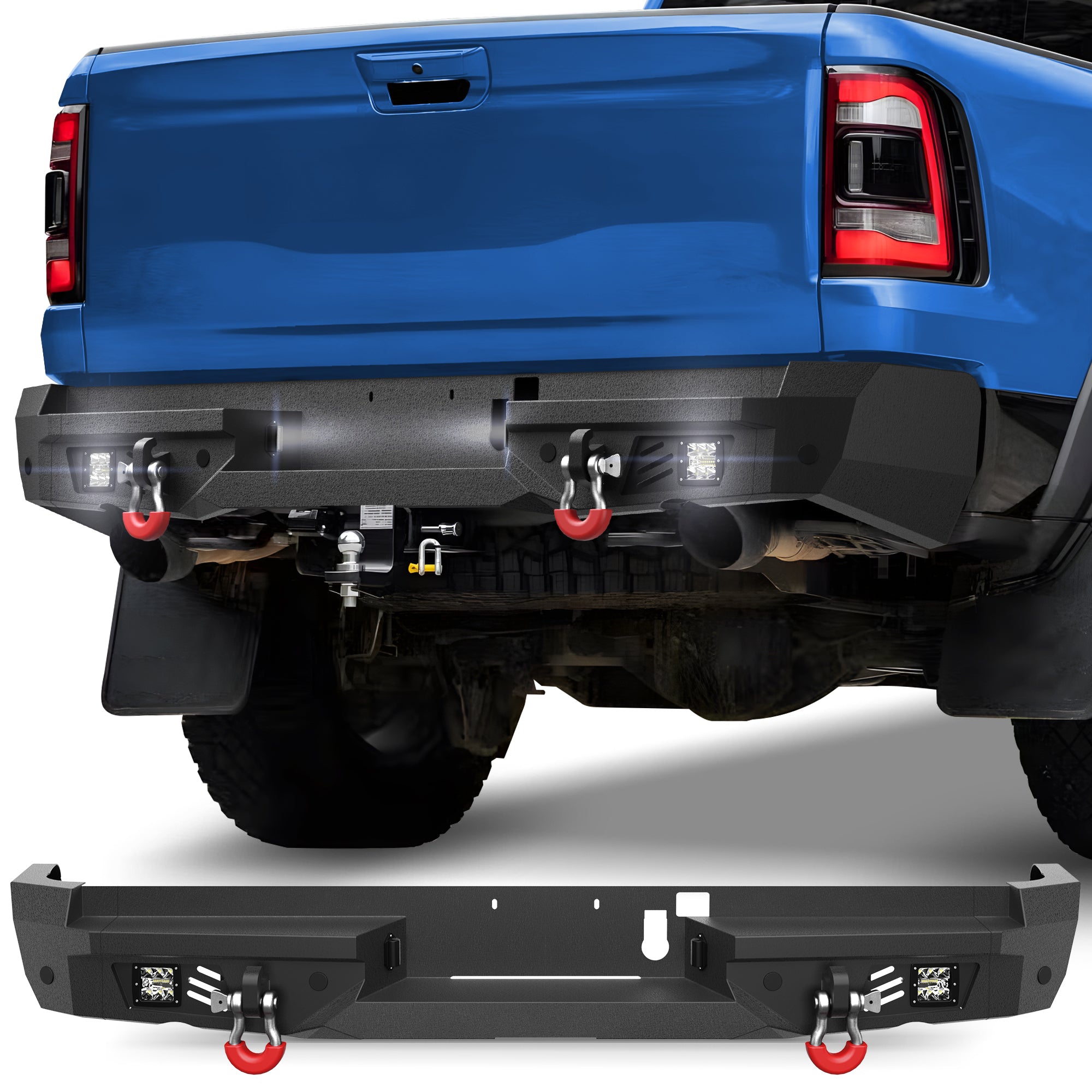 POFENZE Rear Bumper for 2021-2025 Ram 1500 TRX, Steel Bumper with Step, LED Lights & D-Rings POFENZE 