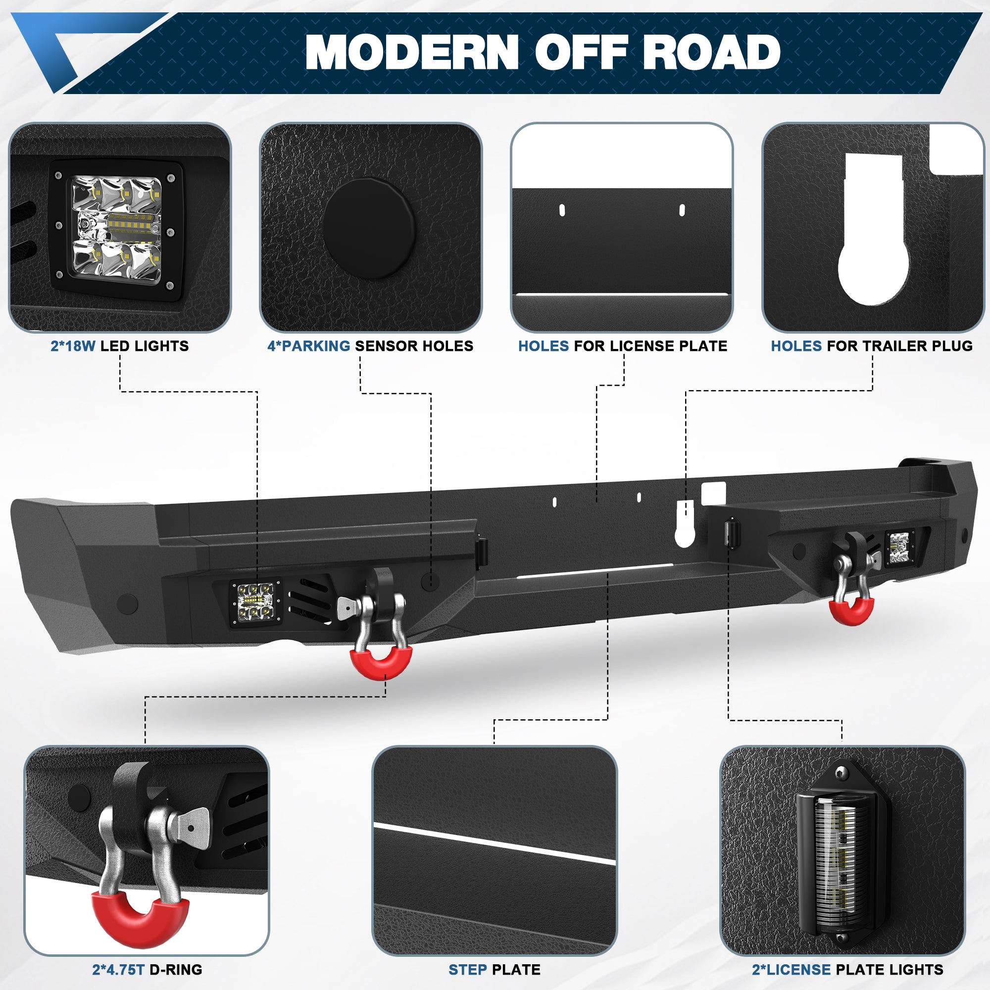 POFENZE Rear Bumper for 2021-2025 Ram 1500 TRX, Steel Bumper with Step, LED Lights & D-Rings POFENZE 